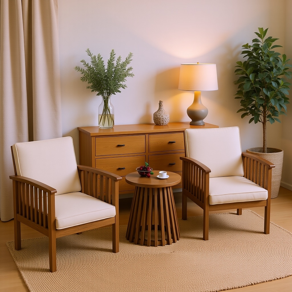 Homy Casa PPSOA BR CLT PPSOA Garden Outdoor 3 Piece Patio Set Acacia Wood Club Chairs with Ivory Cream Cushions and Side Table Warm Brown Patina Finish