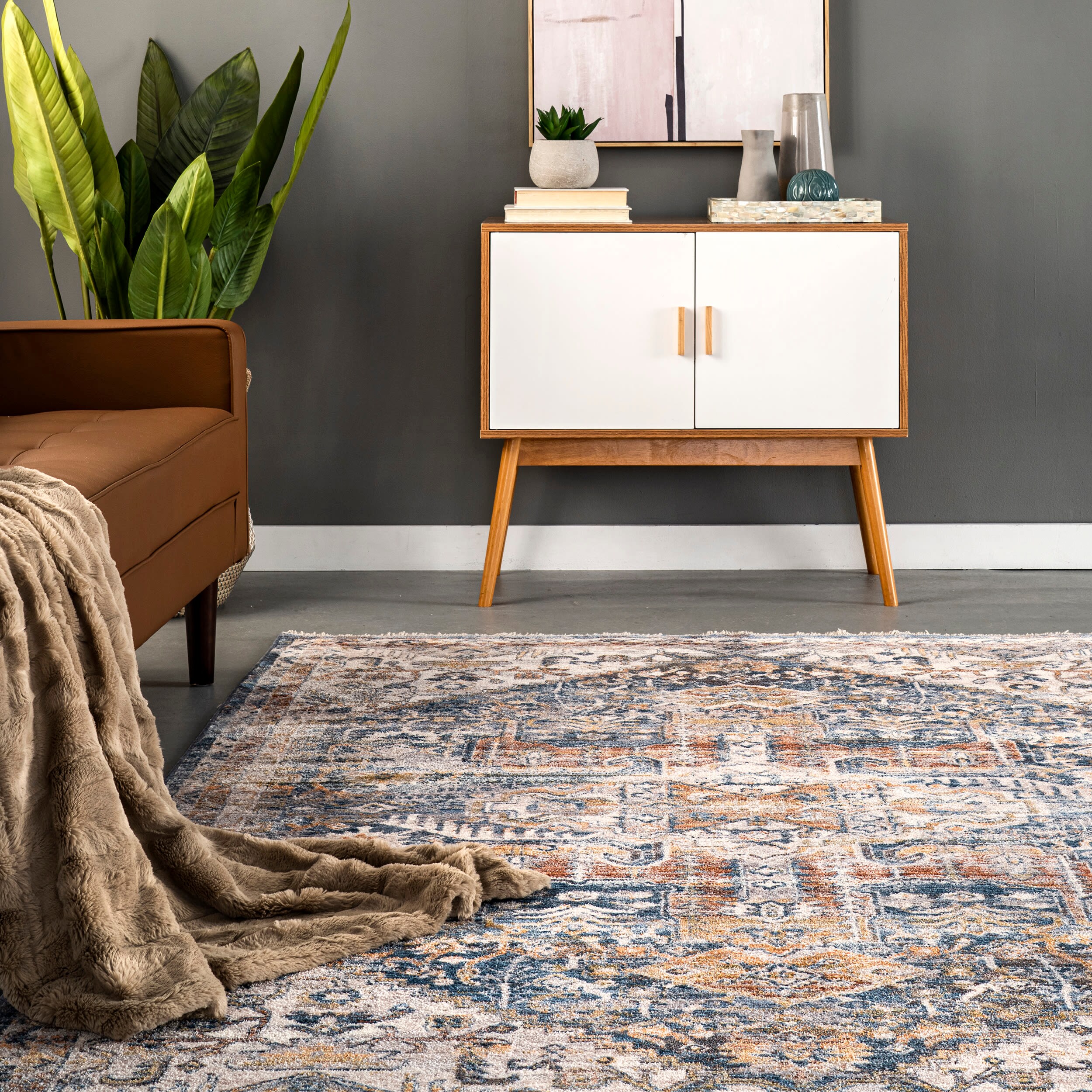 Reversible Distressed Medallion 3' x 5' Blue Synthetic Area Rug