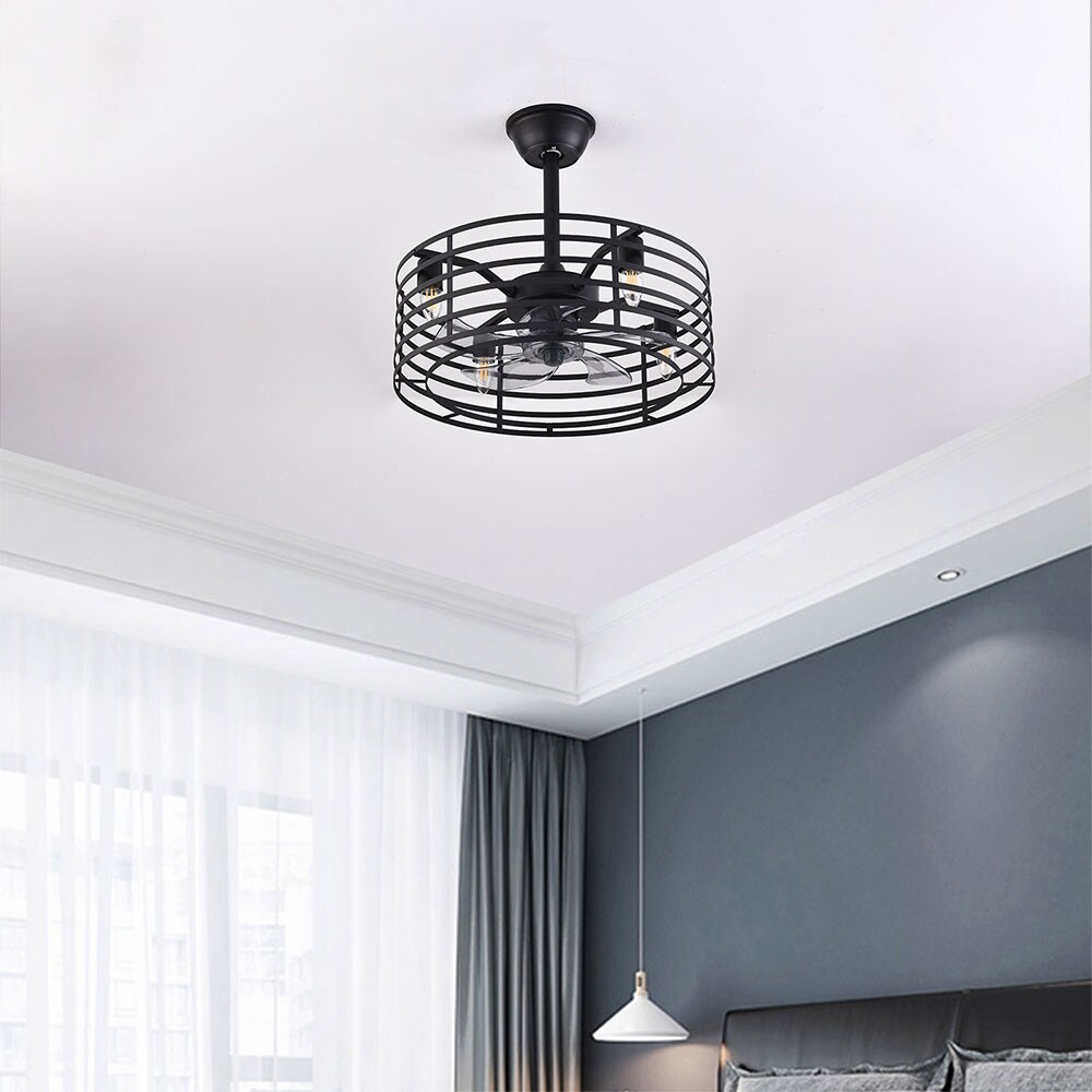 20'' Black Industrial Caged Ceiling Fan with Lights and Remote