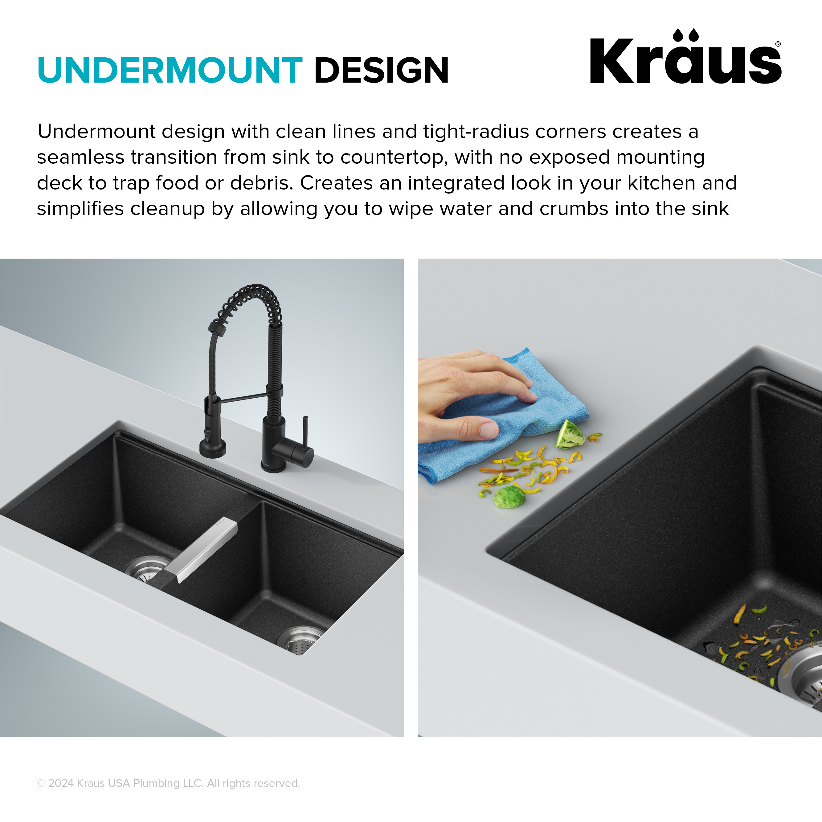 KRAUS 33 inch L Undermount 50/50 Double Bowl Black Onyx Granite Kitchen Sink