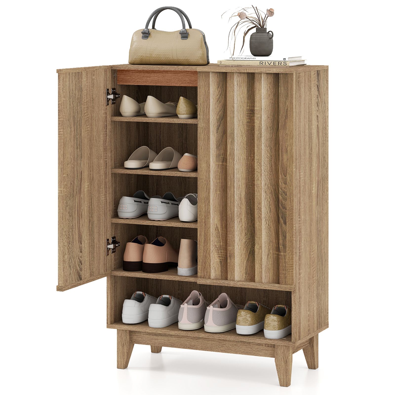 Slickblue Rustic Oak Wooden Entryway Shoe Storage Cabinet with Adjustable Shelves and Fluted Doors for Narrow Spaces Living Room or Bedroom