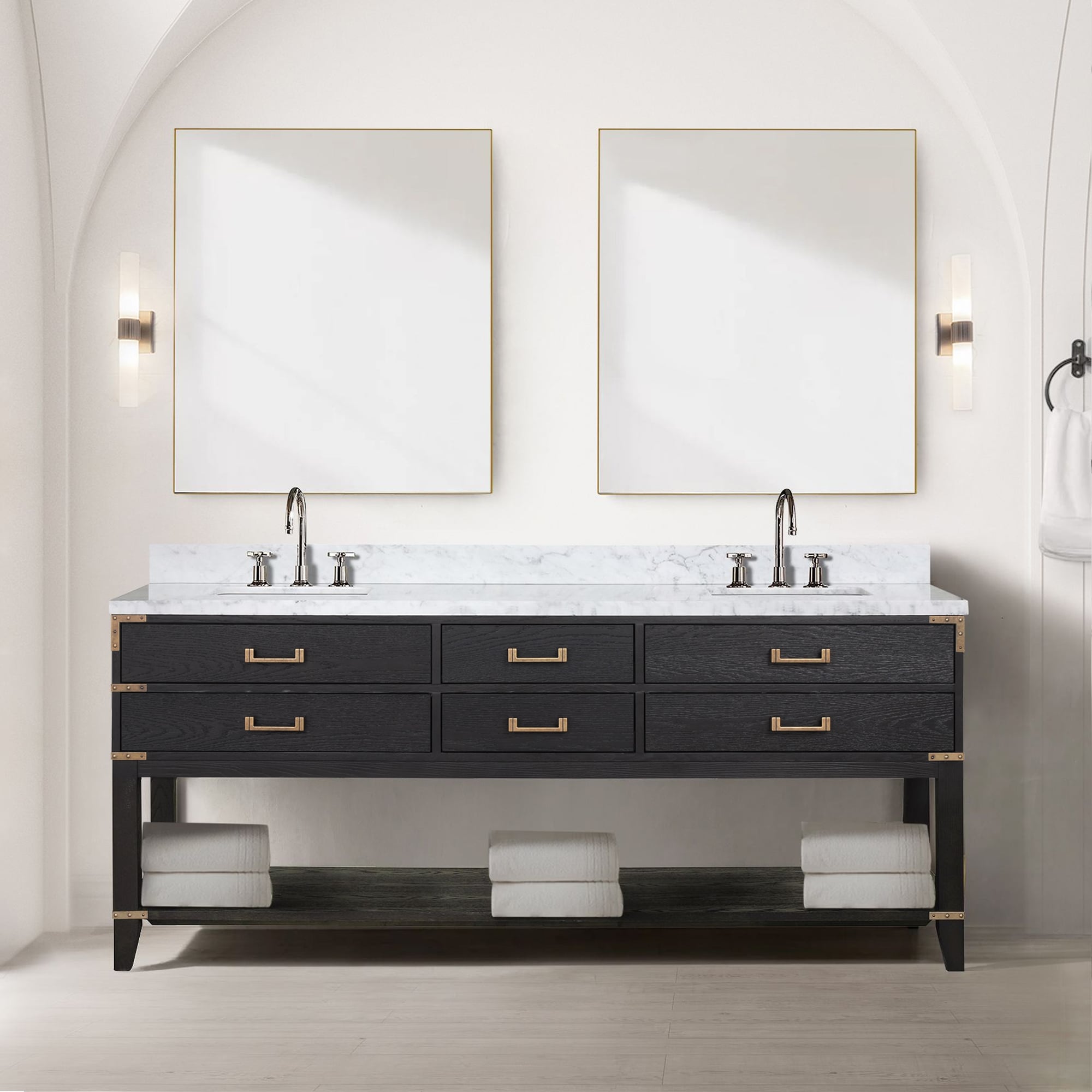 Lexora LVGR80DJ110 Greenberg 80-in Black Oak Undermount Double sink Bathroom Vanity with White Carrara Marble Marble Top (Mirror Included)