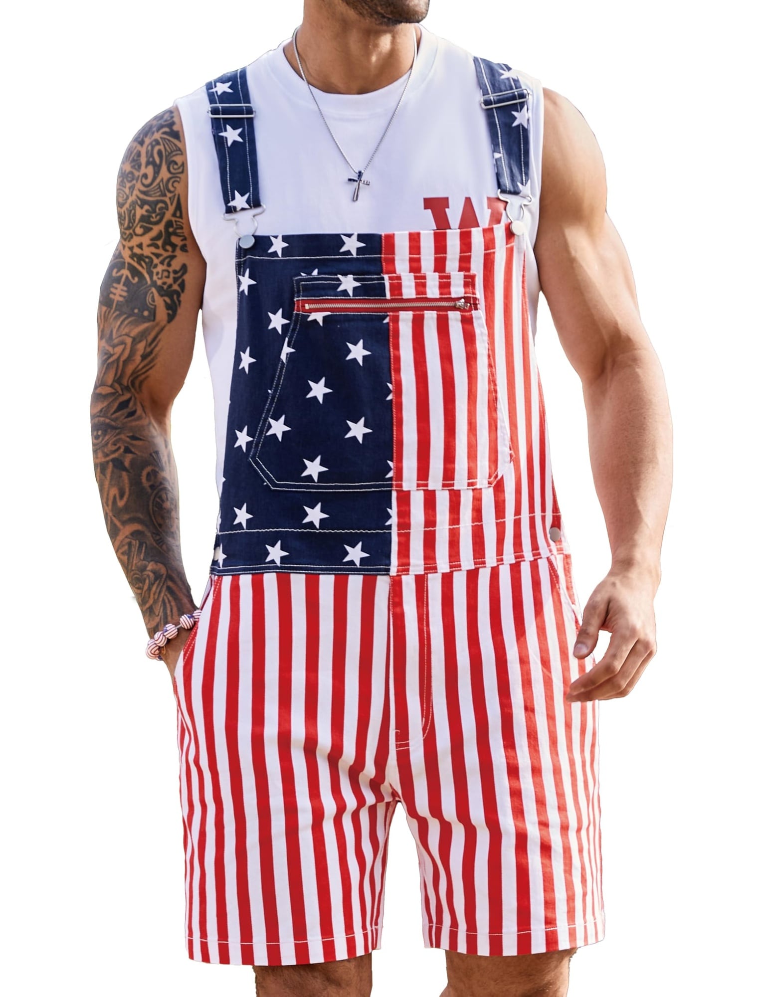 Justincity  American Flag Overalls Men Shorts Jean Romper Work Bibs Coveralls Summer Adjustable Strap Jumpsuit USA Flag 2XL
