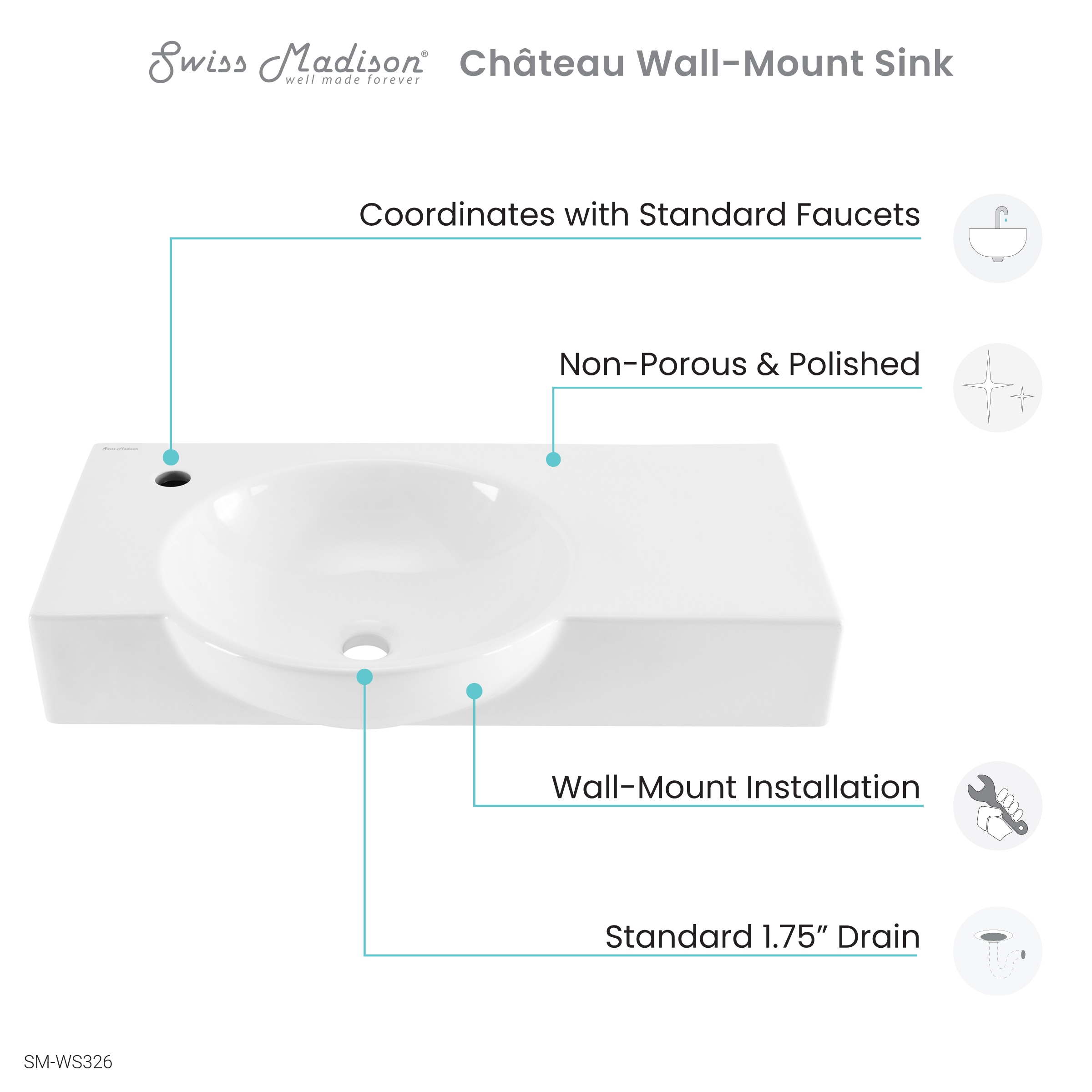 Swiss Madison Chateau 30 Left Side Faucet Wall-Mount Bathroom Sink