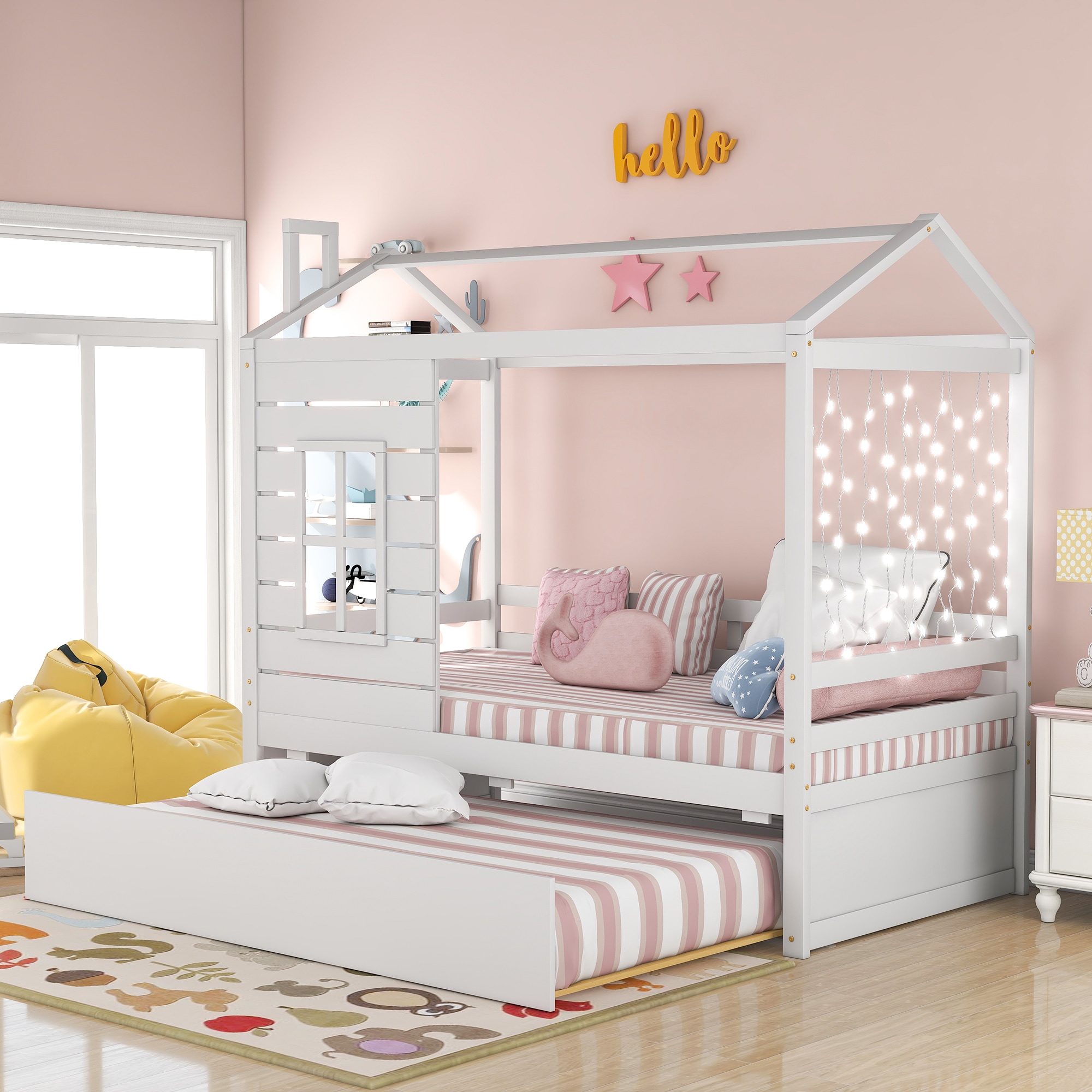 Qualler BLE00007K White Twin Wood Trundle Bed
