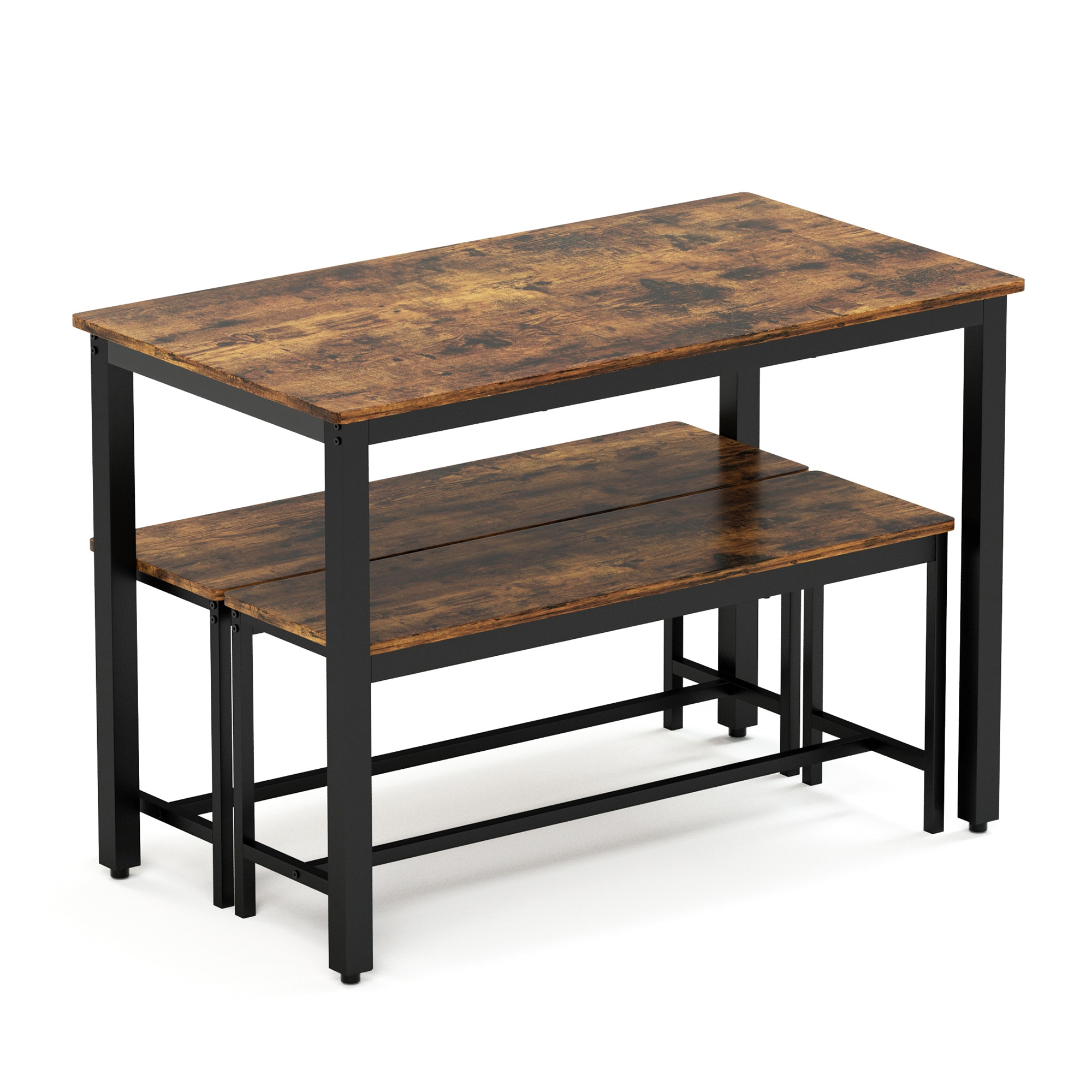 Rustic Brown and Black 3-Piece Dining Table Set with Benches