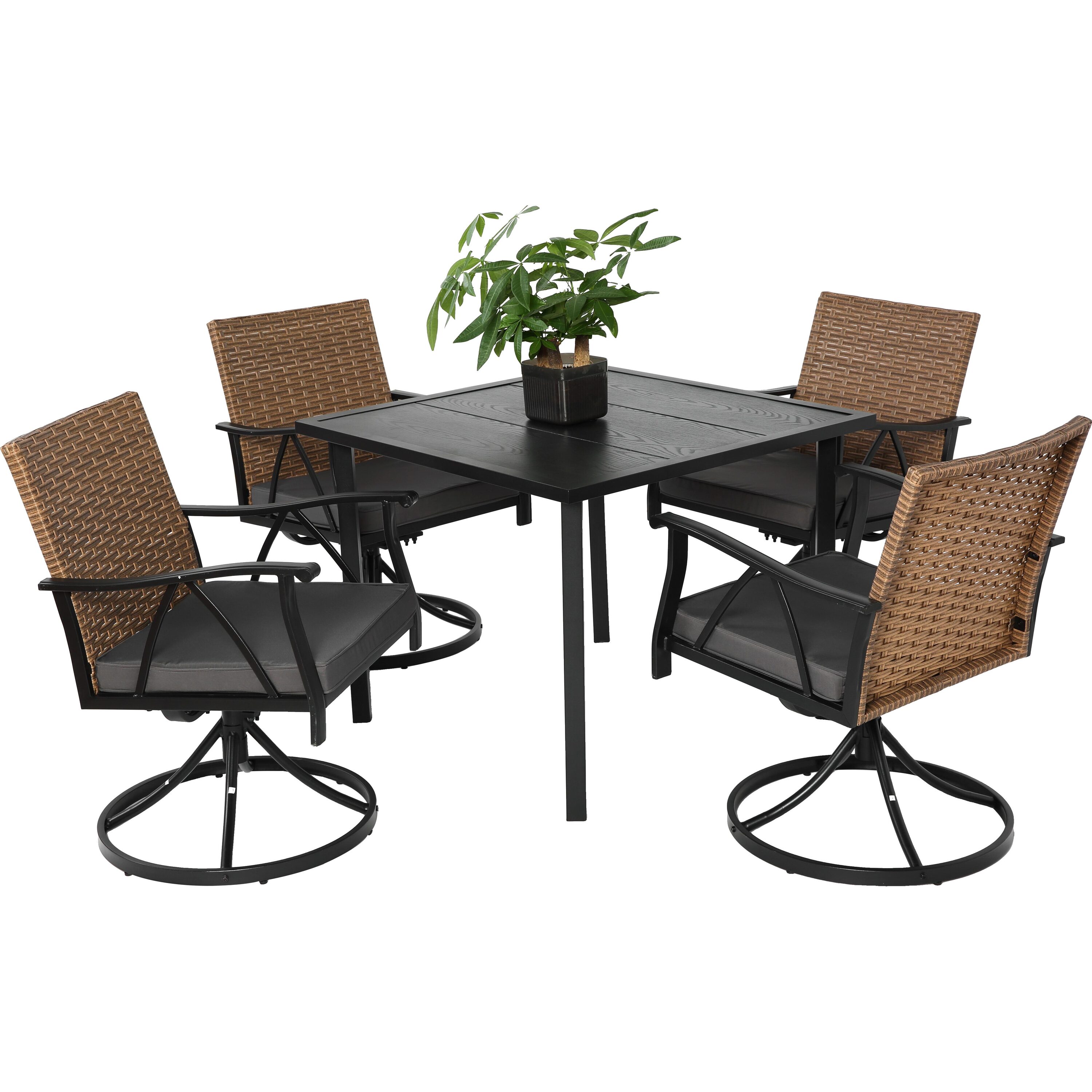 Bayfeve BFHF-S00042-OD 5 Piece Patio Wicker Dining Set with 4 Swivel Rocker Chairs 5 -Piece Black Wicker Patio Dining Set Steel Square Table with 4 Gray Cushions Swivel Rocker Chairs