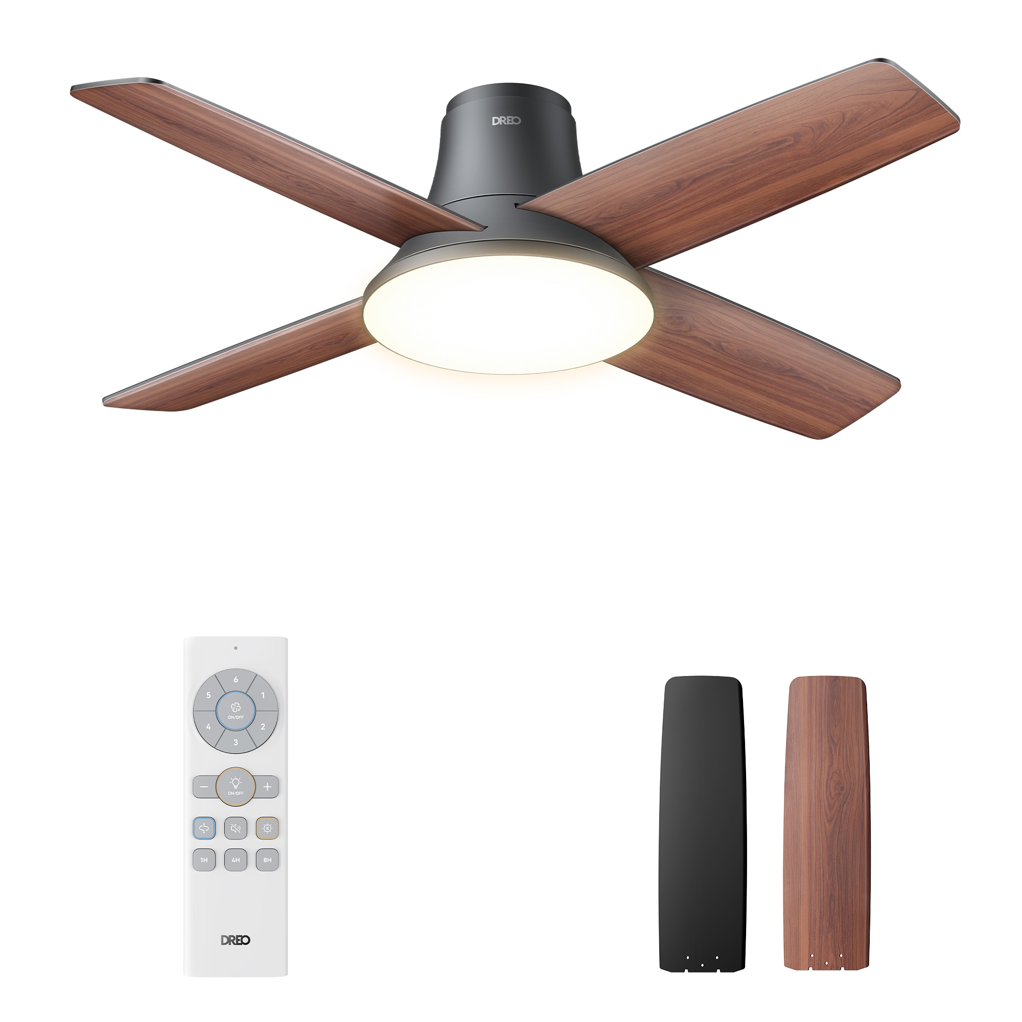 DREO DR-HCF003 BLACK 44-in Flush Mount Black with Ceiling Fan With Light and Remote ( 4 -Blade )