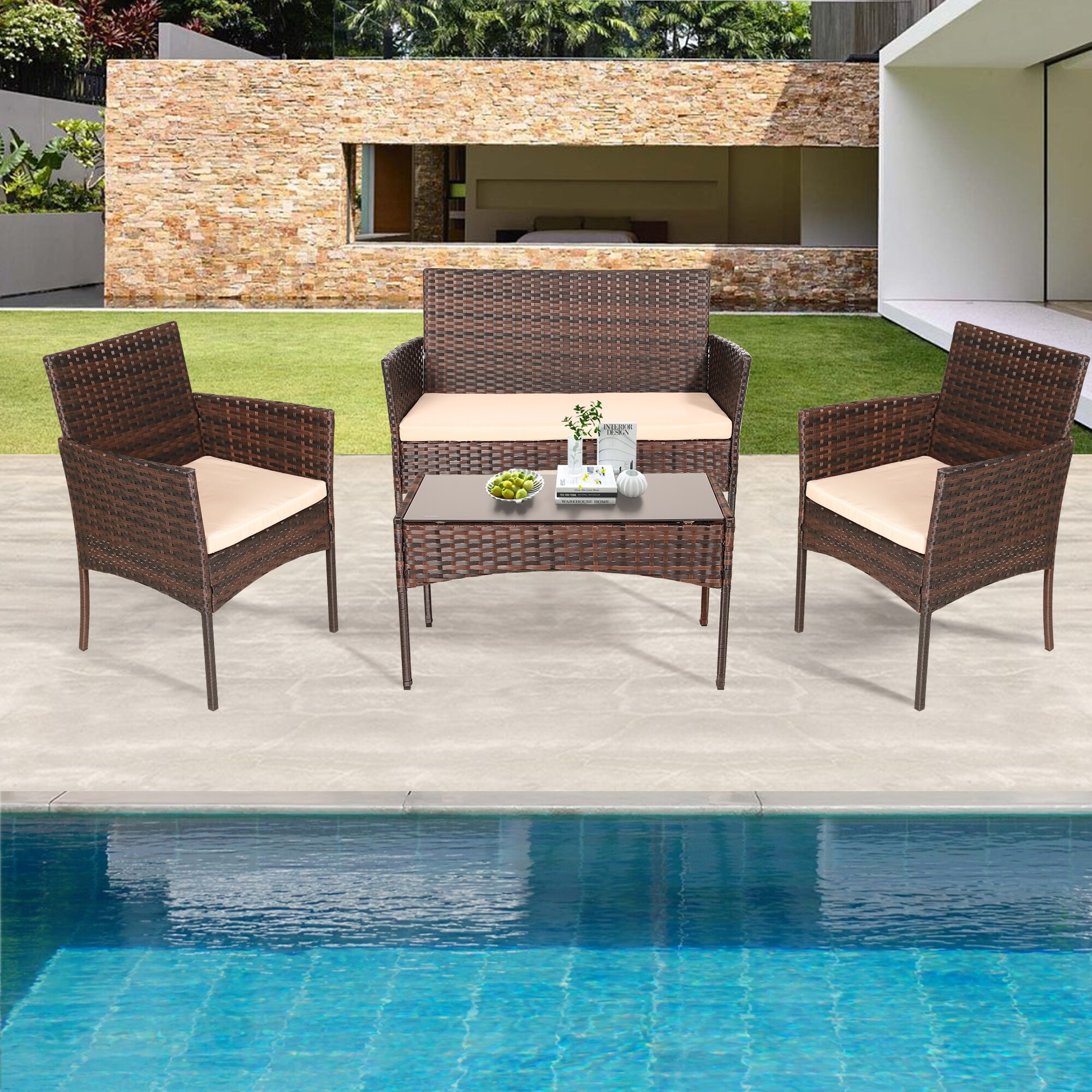 Patio Watcher Patio Set 4-Piece Rattan Patio Conversation Set with Tan ...