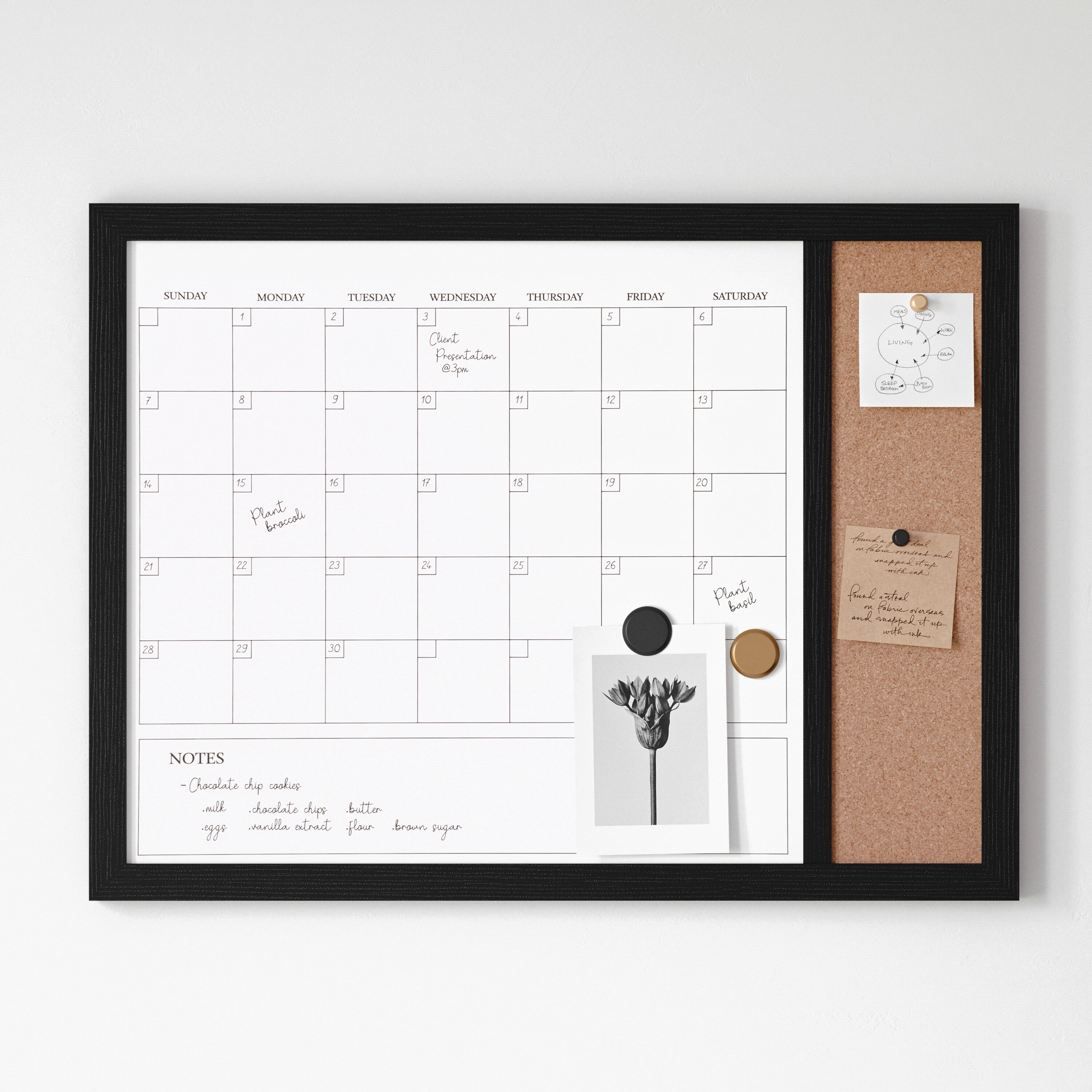 Black Woodgrain 24" x 18" Magnetic Dry Erase Calendar with Cork Board
