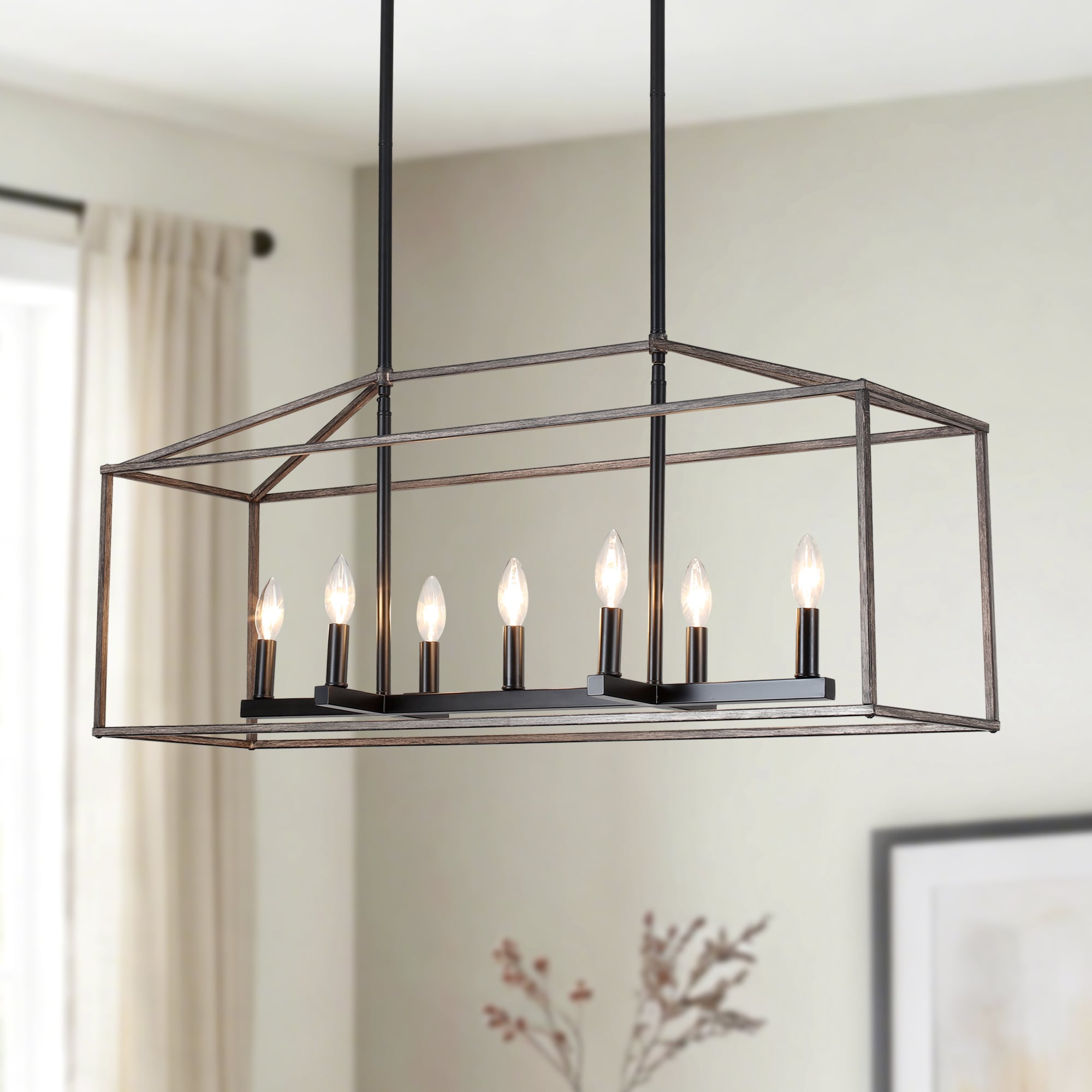 HLJYNJM 37.79-in Farmhouse 7-Light Brown Rectangle Hanging Kitchen Island Chandelier for Dining Room Bedroom