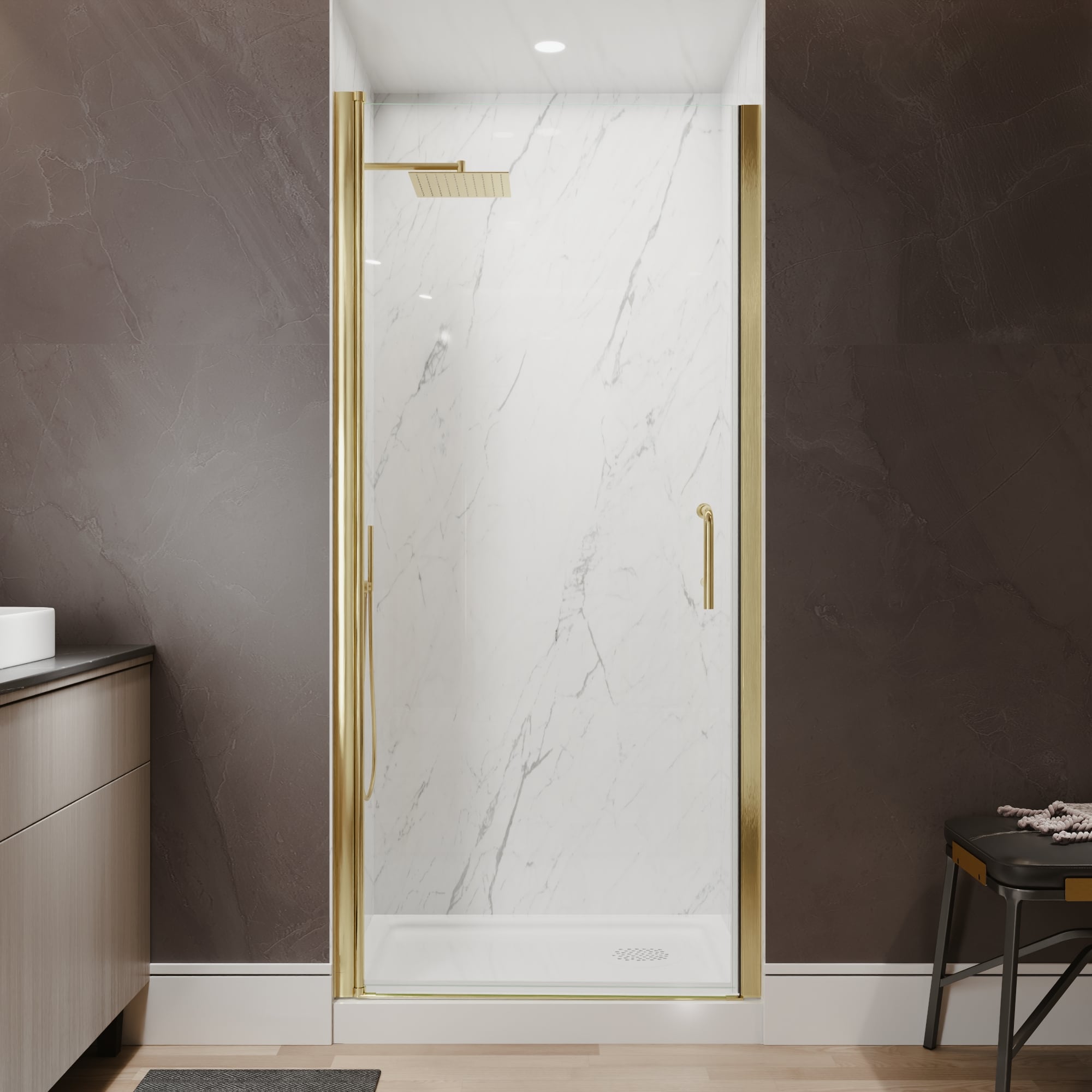 ANGELES HOME  Brushed Gold 34-in to 36-in W x 72-in H Semi-Frameless Pivot Shower Door with 1/4-in Clear Tempered Glass