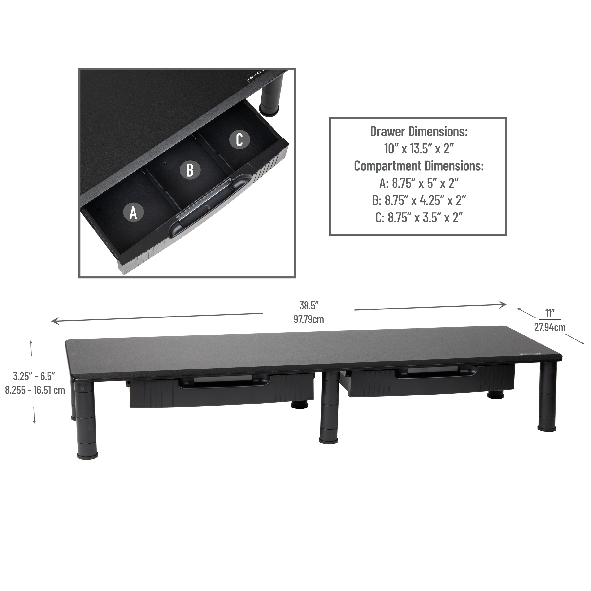 Black MDF Adjustable Dual Monitor Stand with Storage Drawers