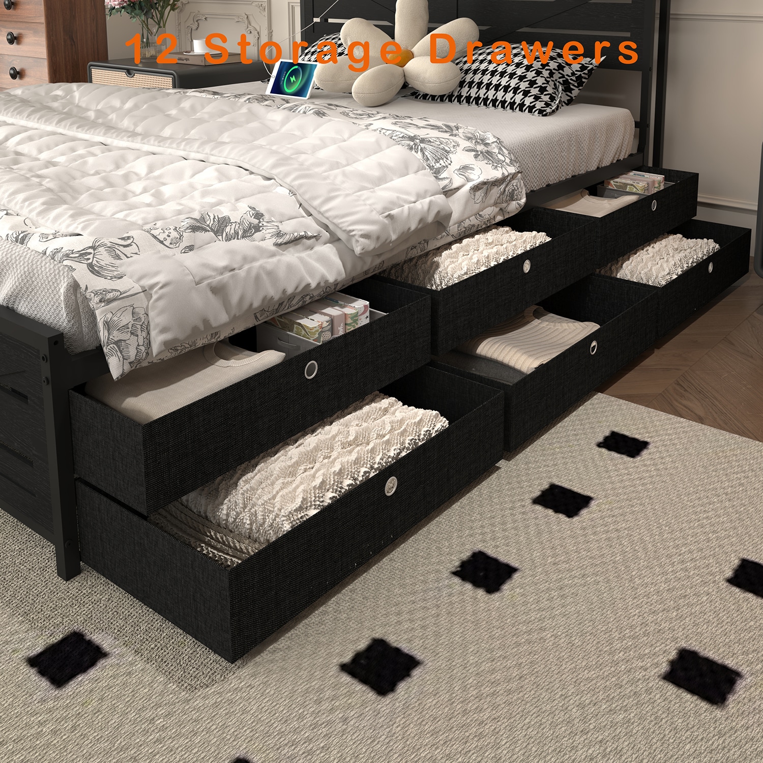 GZMR Full Black Bed Frame Storage with Headboard in the Beds