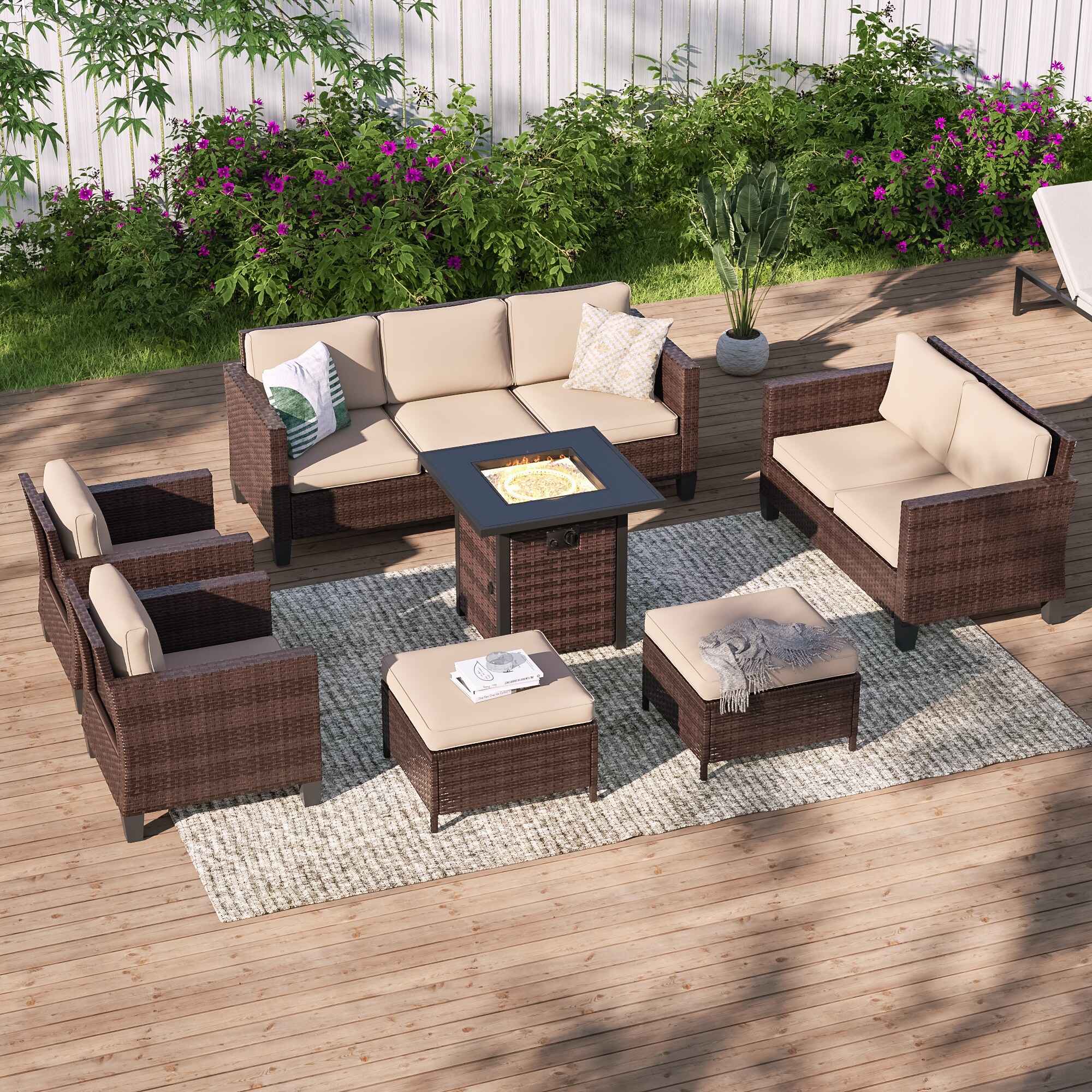 ACEGOSES LW-115BSD-S3T4 Skytop 7 -Piece Wicker Patio Sofa Conversation Set with Beige Cushions