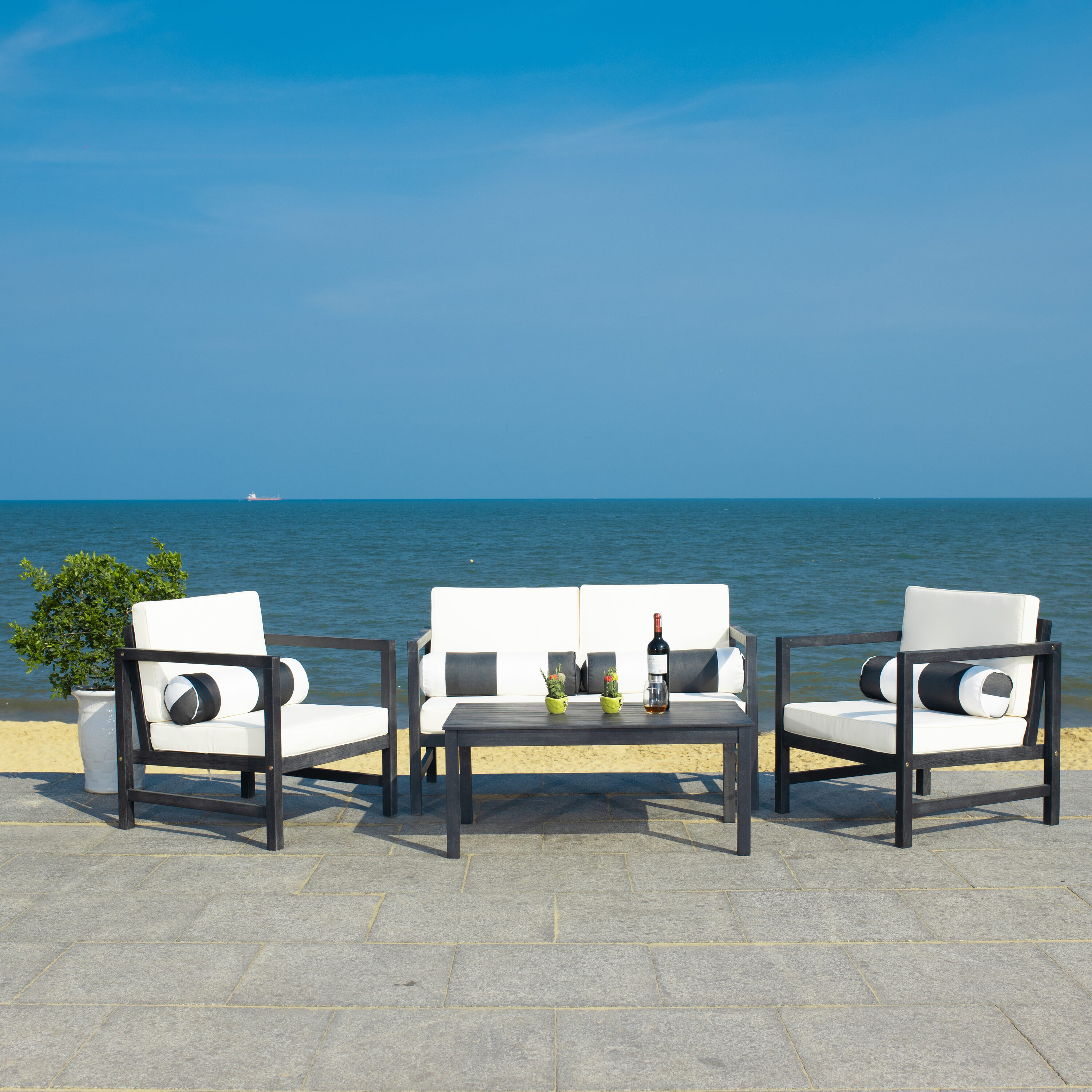 Safavieh PAT7030G Montez 4 -Piece Patio Conversation Set with Off-white SAFAVIEH Cushions