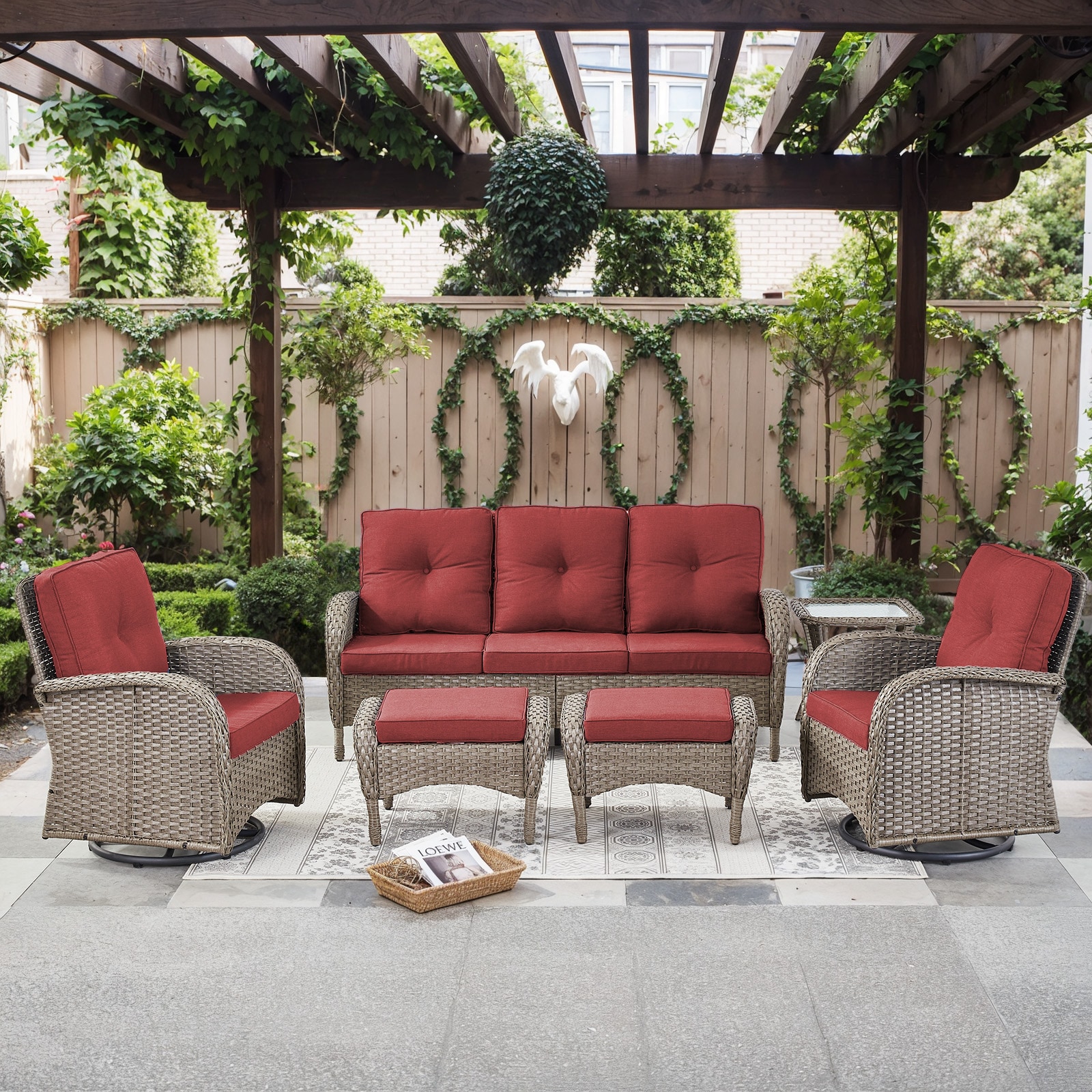  PAGY20601340-5 PAnorama Series 6 -Piece Wicker Patio Sofa Conversation Set with Red Cushions