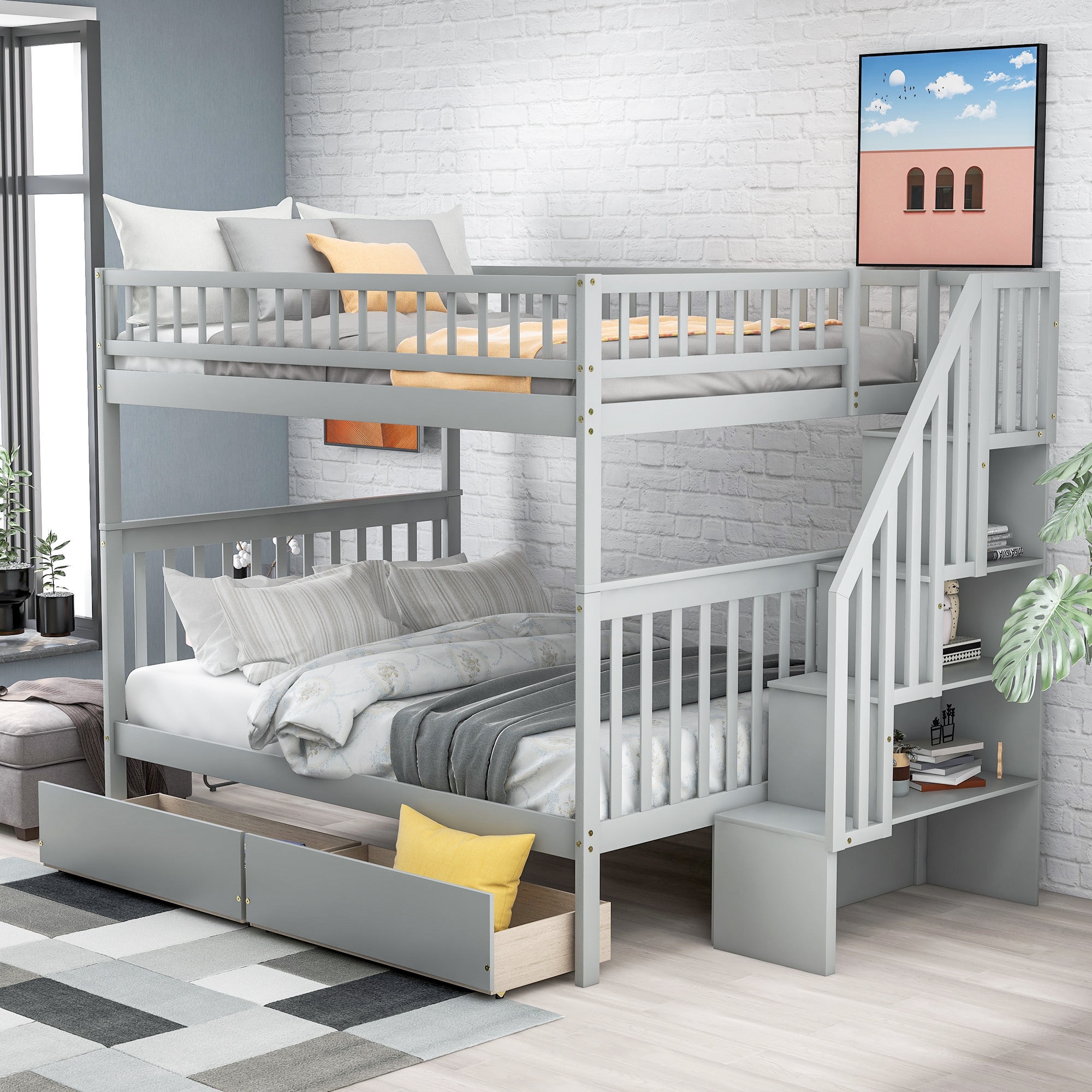ModernLuxe SM000113AAE-1 Full over Full Bunk Bed with Two Drawers and Storage Gray