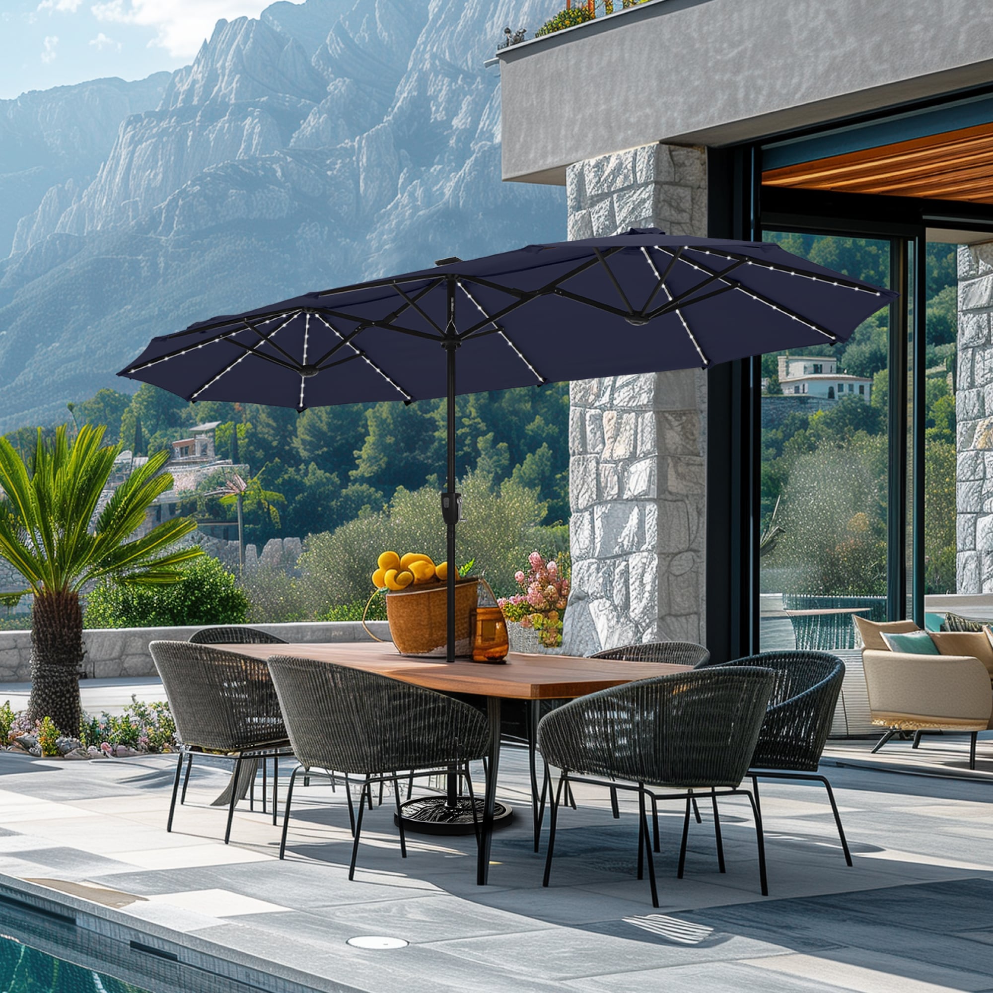 Sunshine Valley E02GM029-Z 13-ft Steel Blue No-tilt Market Patio Umbrella with Lights