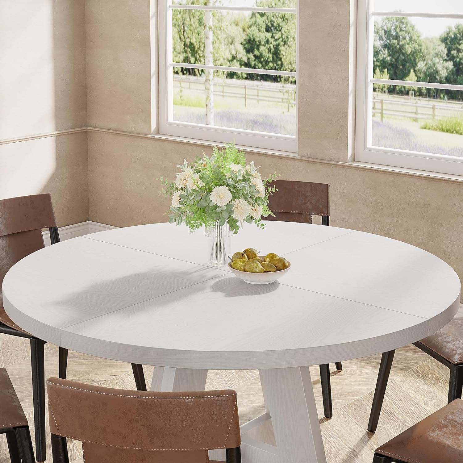 LOVMOR 47inch Round Farmhouse Dining Table White Wood Kitchen Table for ...