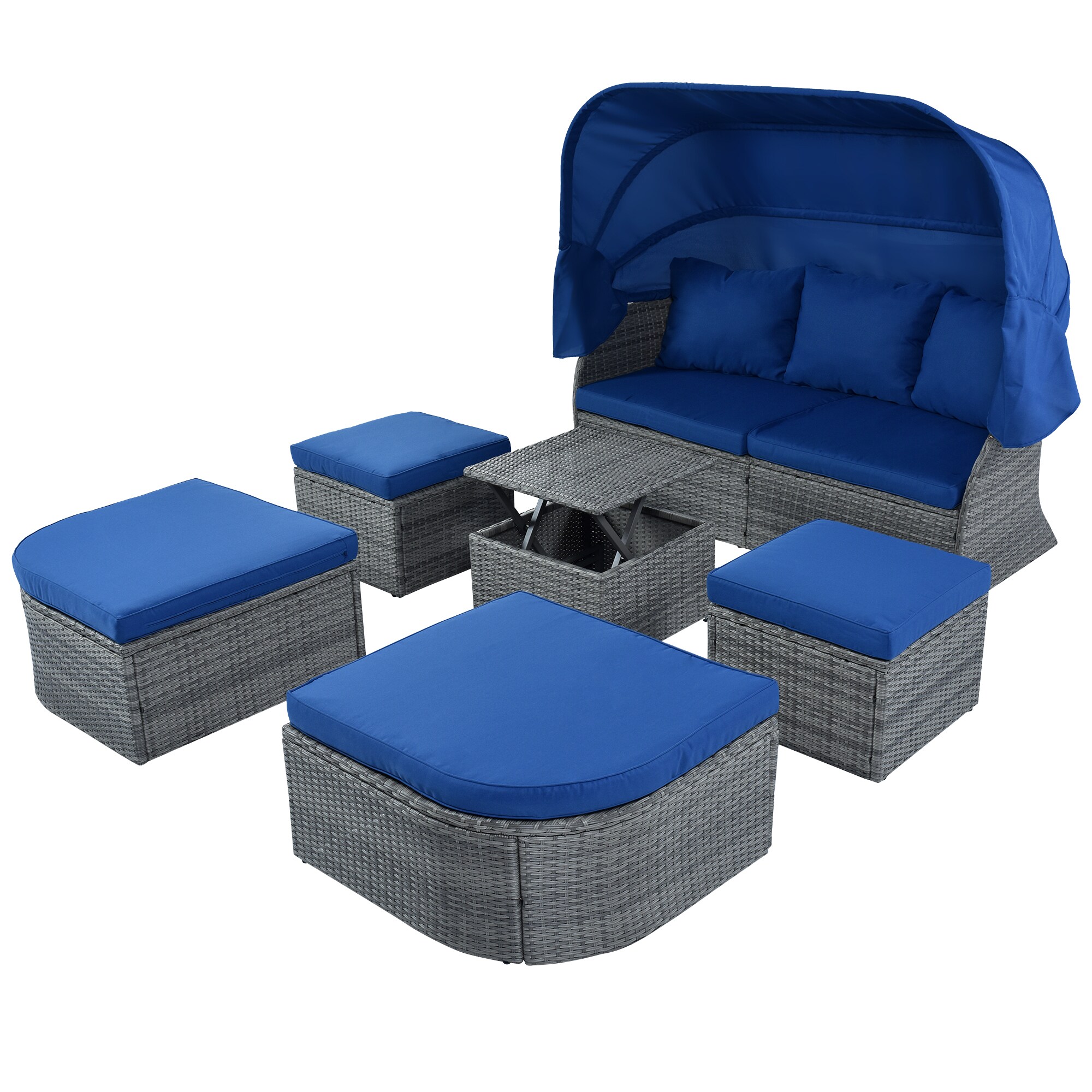 ModernLuxe L-WY000309AAV Patio Furniture Set Daybed Sunbed with Retractable Canopy Rattan Outdoor Daybed with Blue Cushions and Rattan Frame