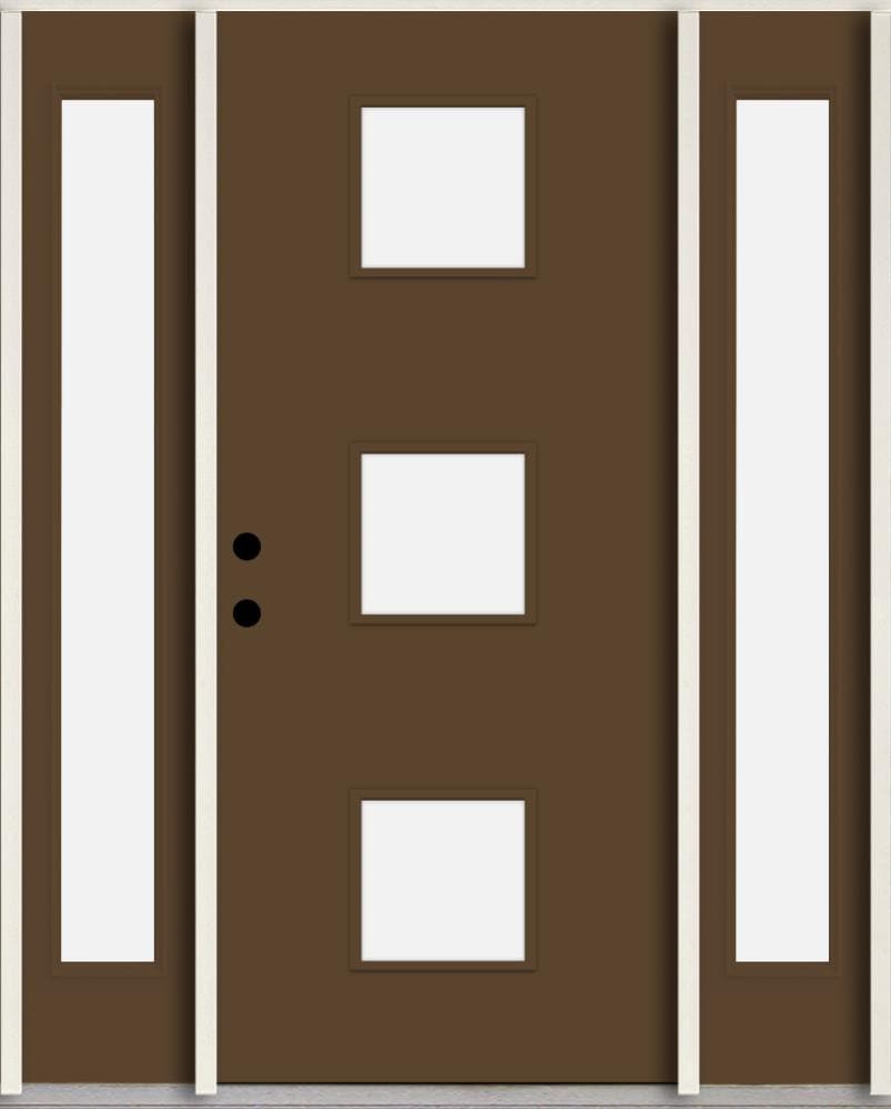 RELIABILT LO1066443 Spotlights 60-in x 80-in x 4-5/8-in Fiberglass 1/4 lite Right-hand inswing Sable Paint Painted Prehung Front Door with Sidelights Insulating core