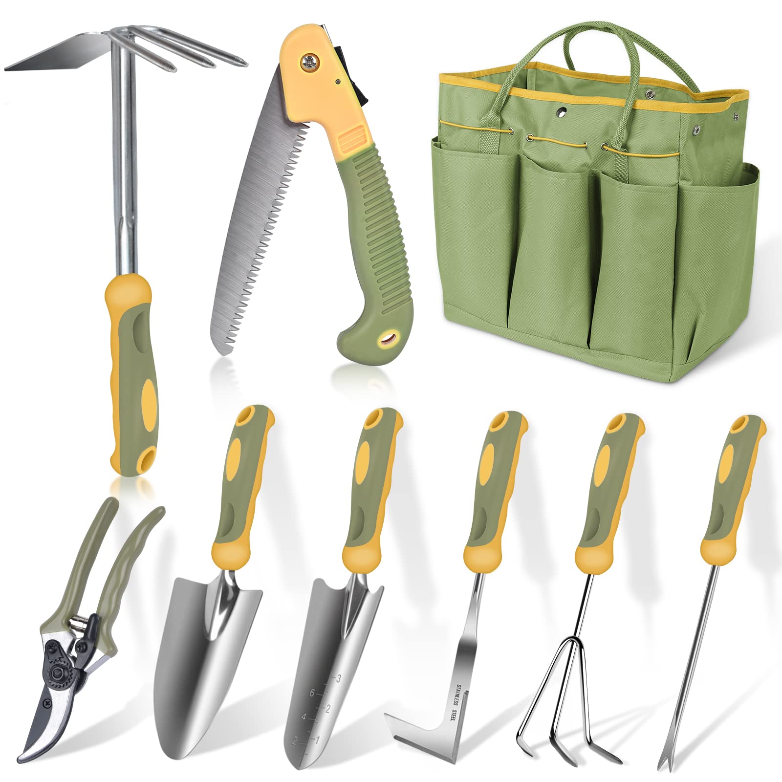 KHKFY - 9 Piece Stainless Steel Garden Tool Set with Ergonomic Handles Dual Purpose Hoe Rake Wee...
