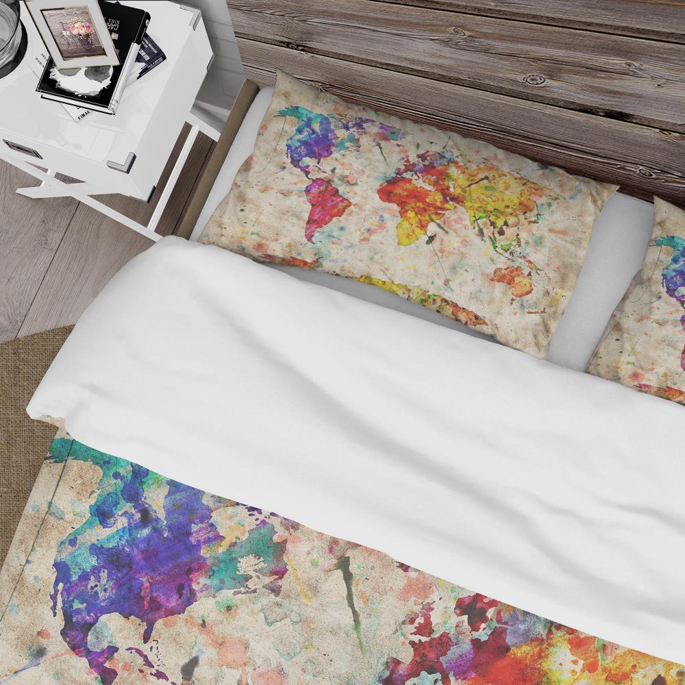 Vintage World Map Multicolor Microfiber Queen Duvet Cover Set
