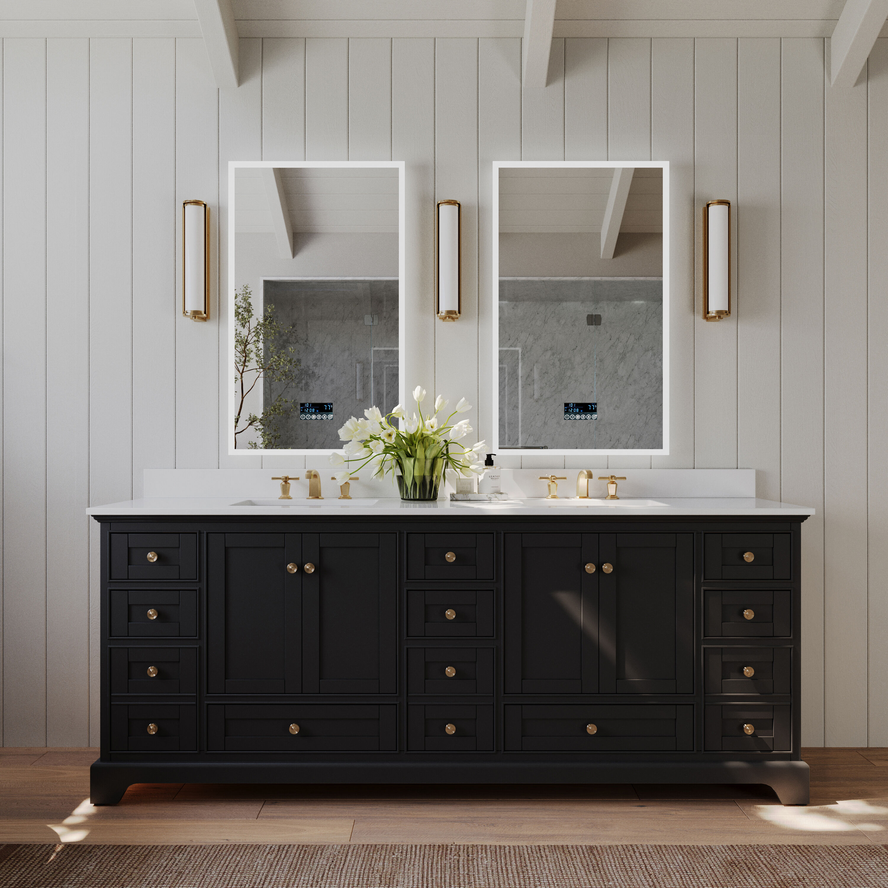 Ancerre Designs VTSAUDREY84BO-QCL-GD Audrey 84-in Black Onyx Undermount Double Sink Bathroom Vanity with White Quartz Top