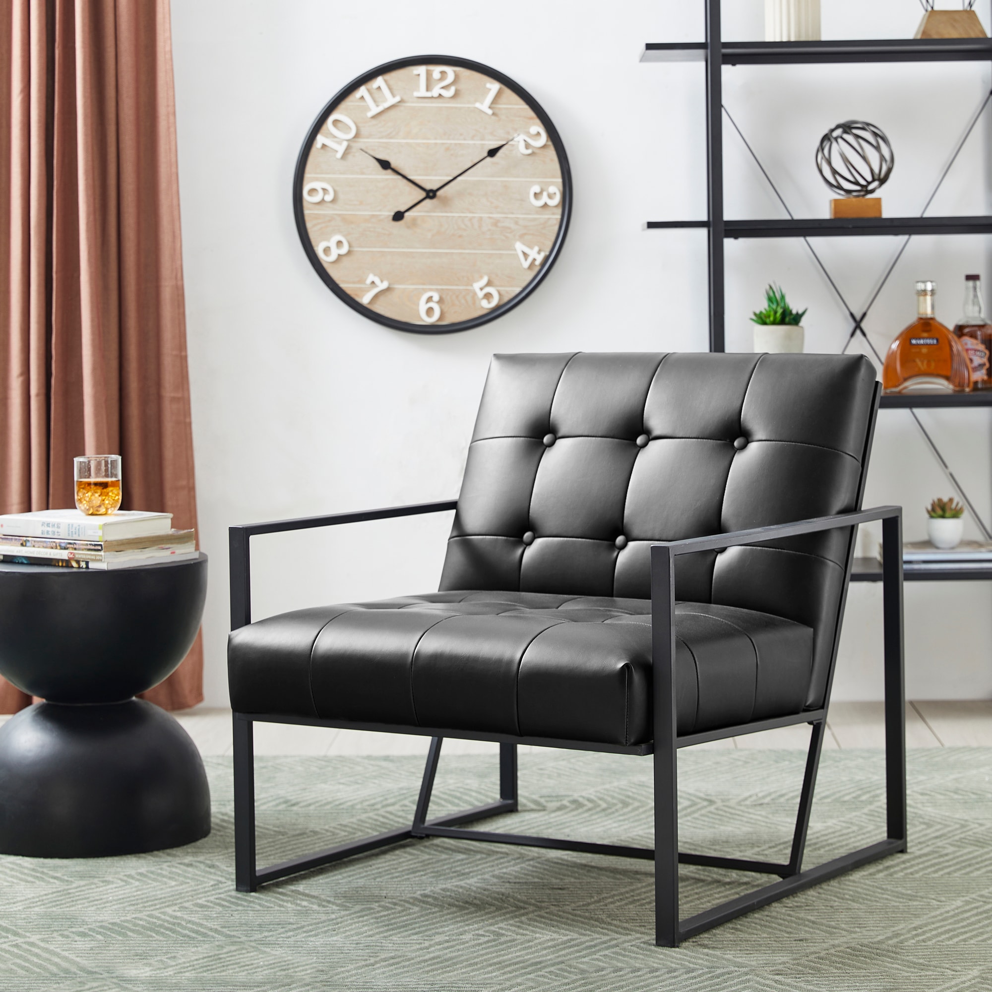 Modern Black Faux Leather Accent Chair with Metal Frame