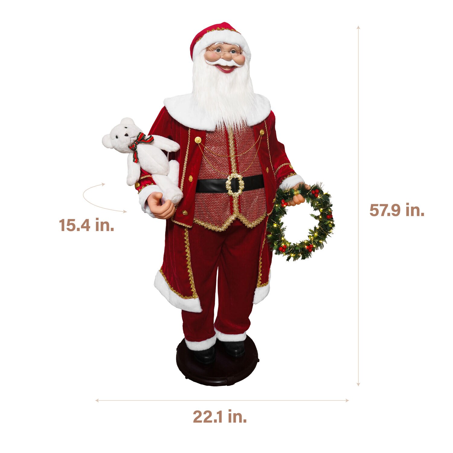 58" Red Velvet Dancing Santa with Bear and Wreath