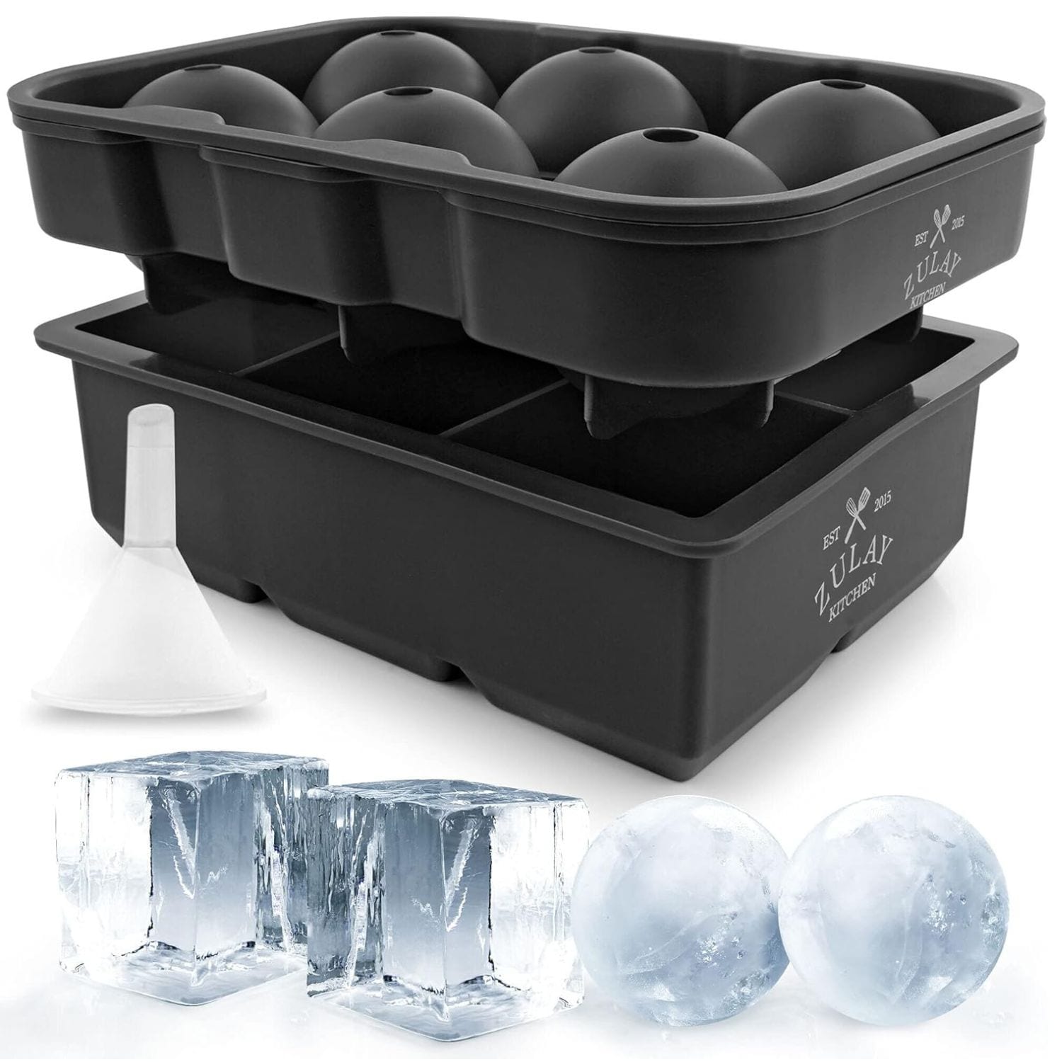 Zulay Kitchen - Silicone Ice Cube Trays Set of 2 Large Square Ice Cube Mold and Sphere Ice Ball M...
