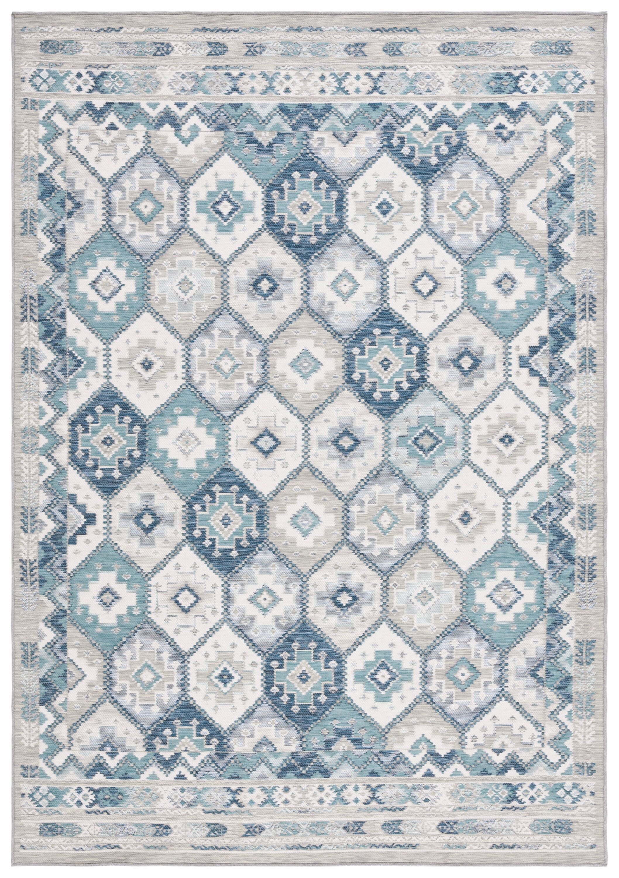 Safavieh SUN630F-5 5 x 8 (ft) Loomed Polyester/Polypropylene Gray/Blue Ivory Rectangular Indoor/Outdoor Geometric Mid-Century Modern Area rug