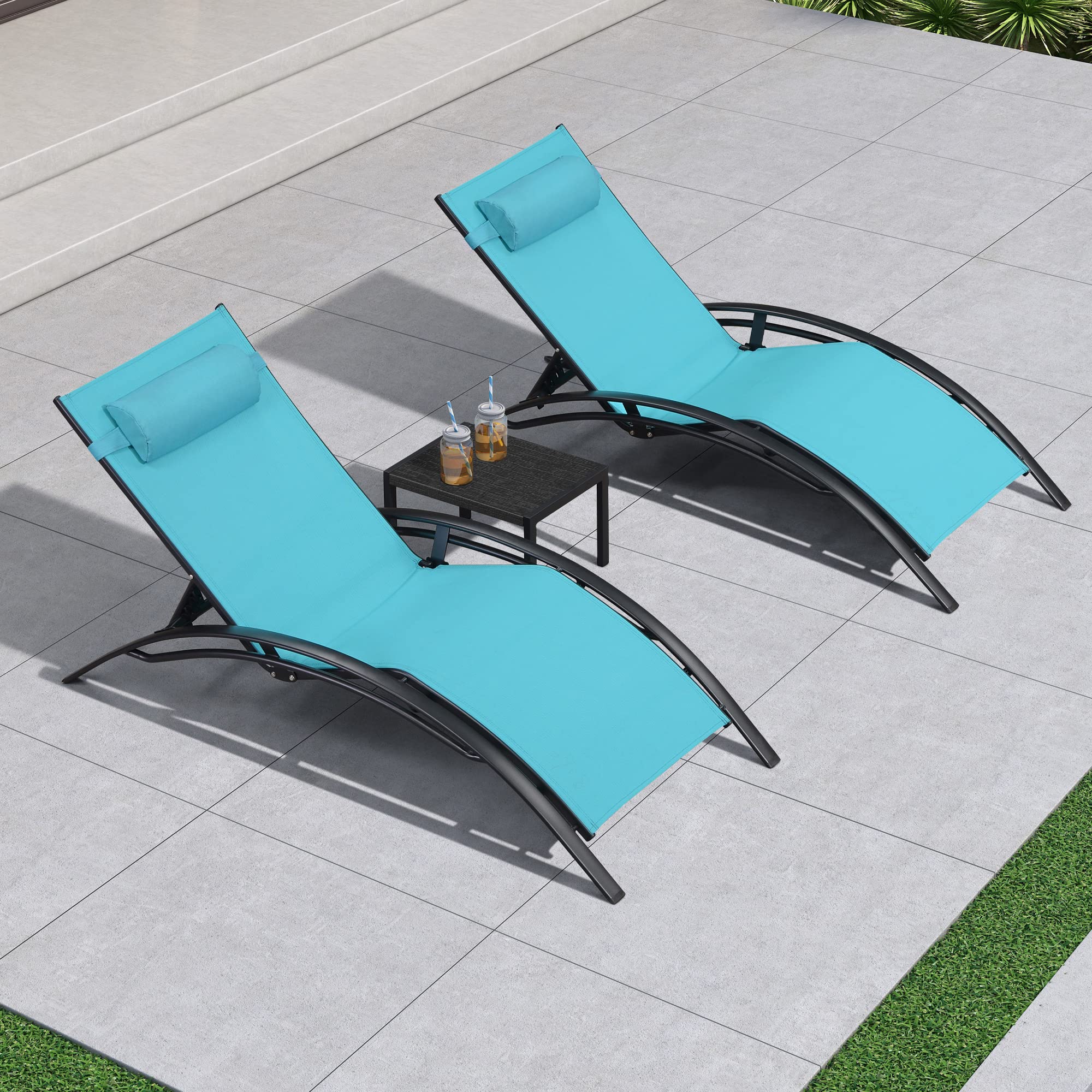 PURPLE LEAF LSMCLS01-XXL-BL-4PC Streamlined Stackable Adjustable Chaise lounge With Table Set of 4 Stackable Oversize Aluminum Frame Stationary Chaise Lounge Chair with Blue Cushioned Seat