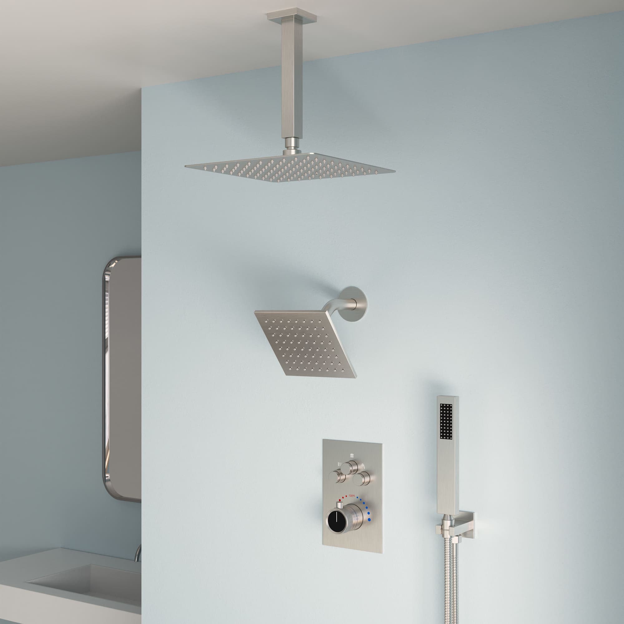 EVERSTEIN SFS1007-NK12 7-Spray Patterns Thermostatic 12 in. and 6 in. Ceiling Mount Fixed and Handheld Shower Head in Brushed Nickel