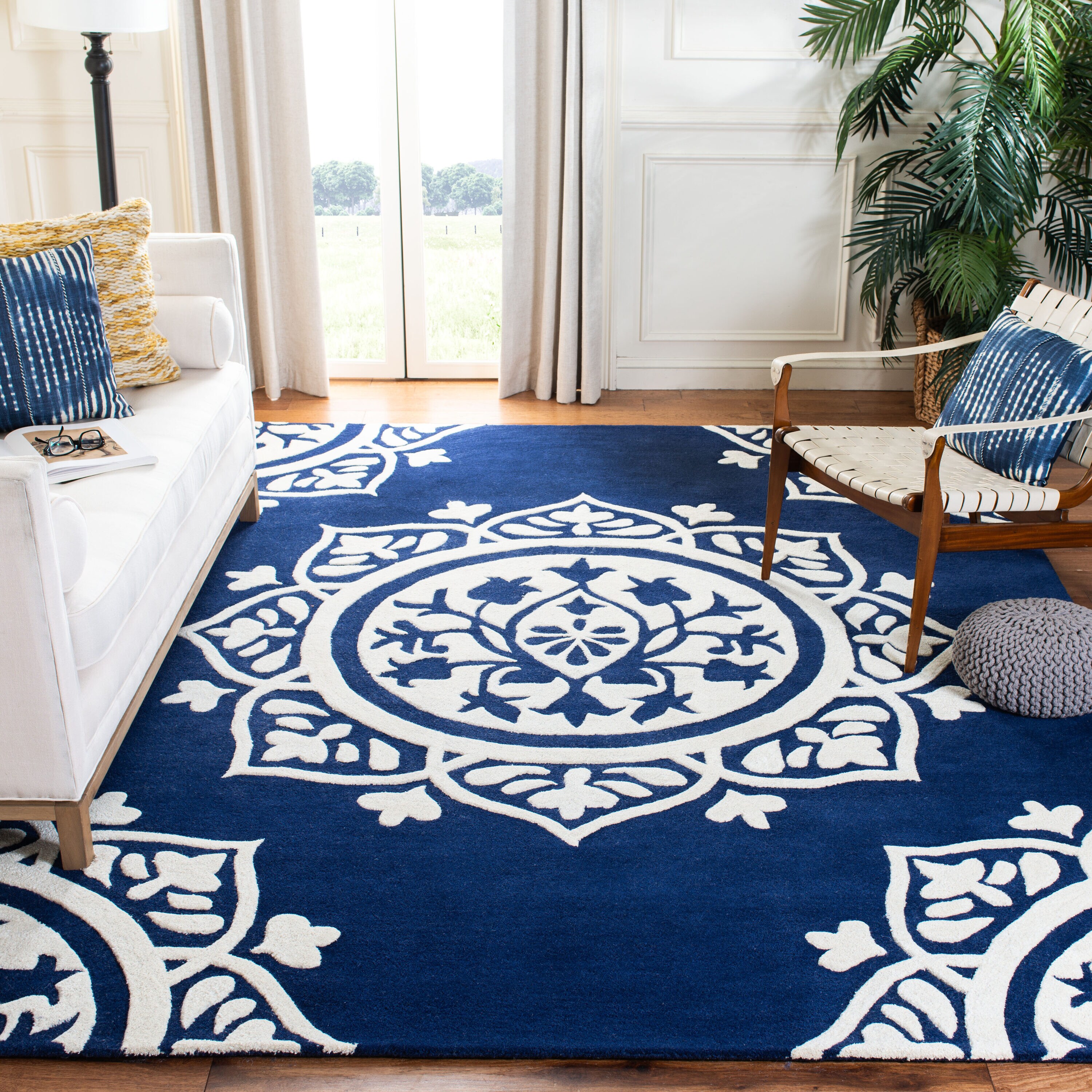 Ivory, Rust and Blue Hand Tufted Floral Farmhouse Wool Area Rug