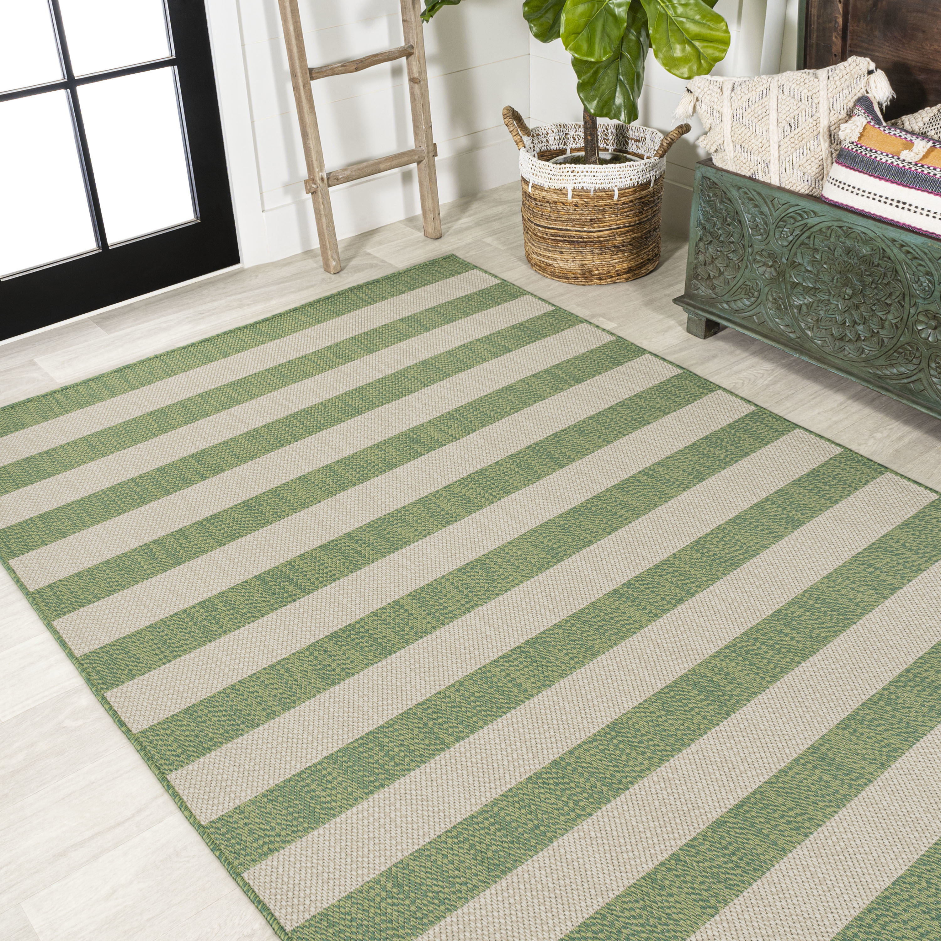 Ivory and Green Wide Stripe 5x8 Synthetic Area Rug