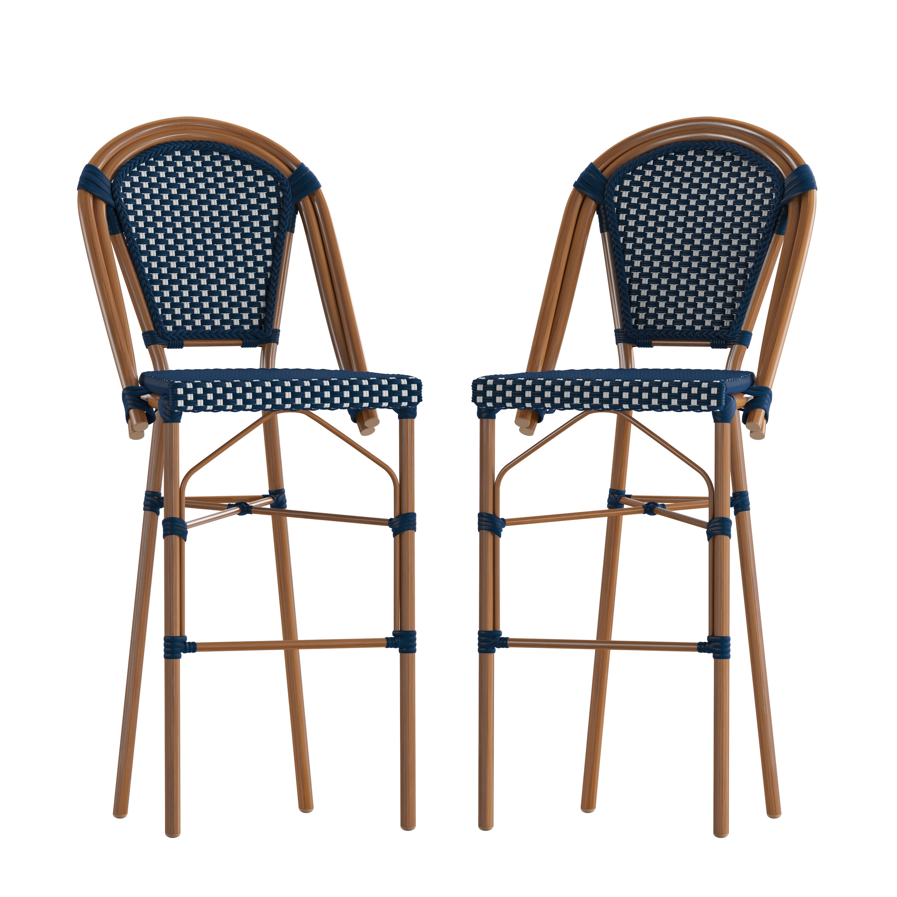 Navy and White Woven Metal Frame Bar Stools, Set of 2