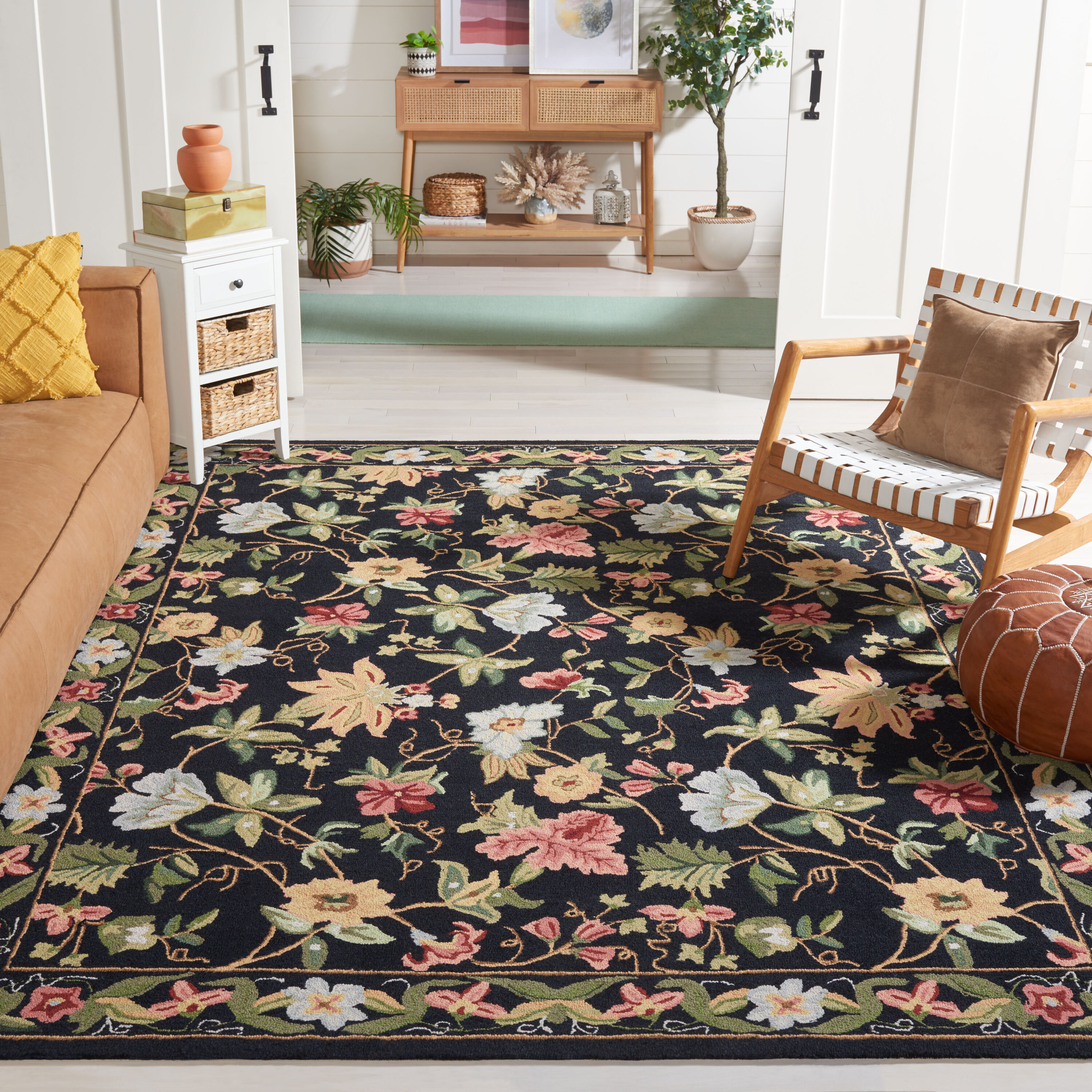  Hk311 Black Country Floral 10ft x 14ft Large Rectangle Rug