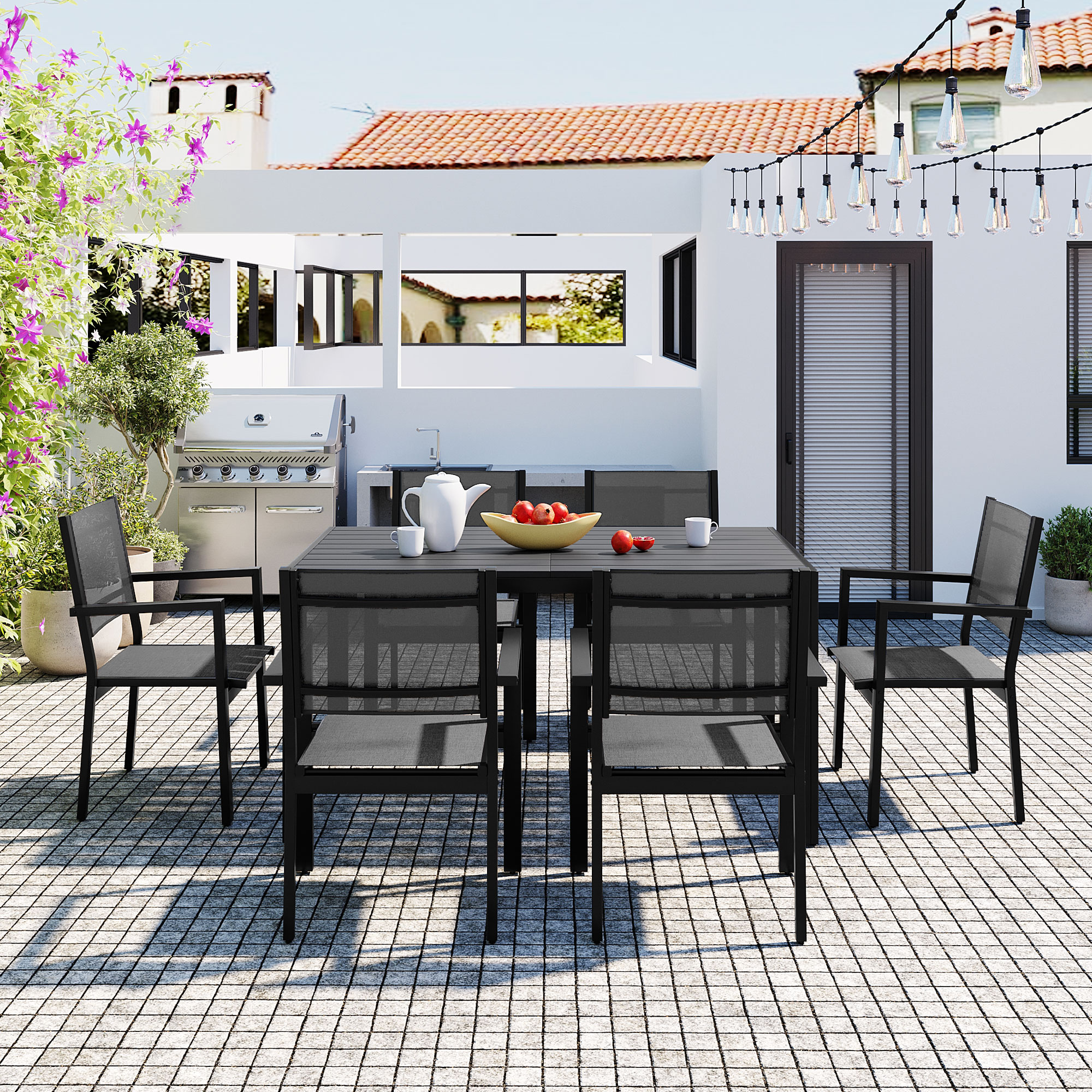 JIMSMAISON BOUSPD04GR 7 -Piece Black Patio Dining Set Steel Rectangle Table with 6 Gray Stationary Chairs