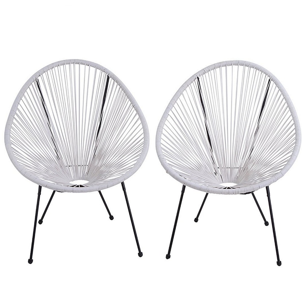 HIGHLANDERHOME WHITEACAPULCO2PC Outdoor Acapulco Chairs Set of 2 Woven Stackable Black Metal Frame Metal Frame Stationary Egg Chair with White Woven Seat