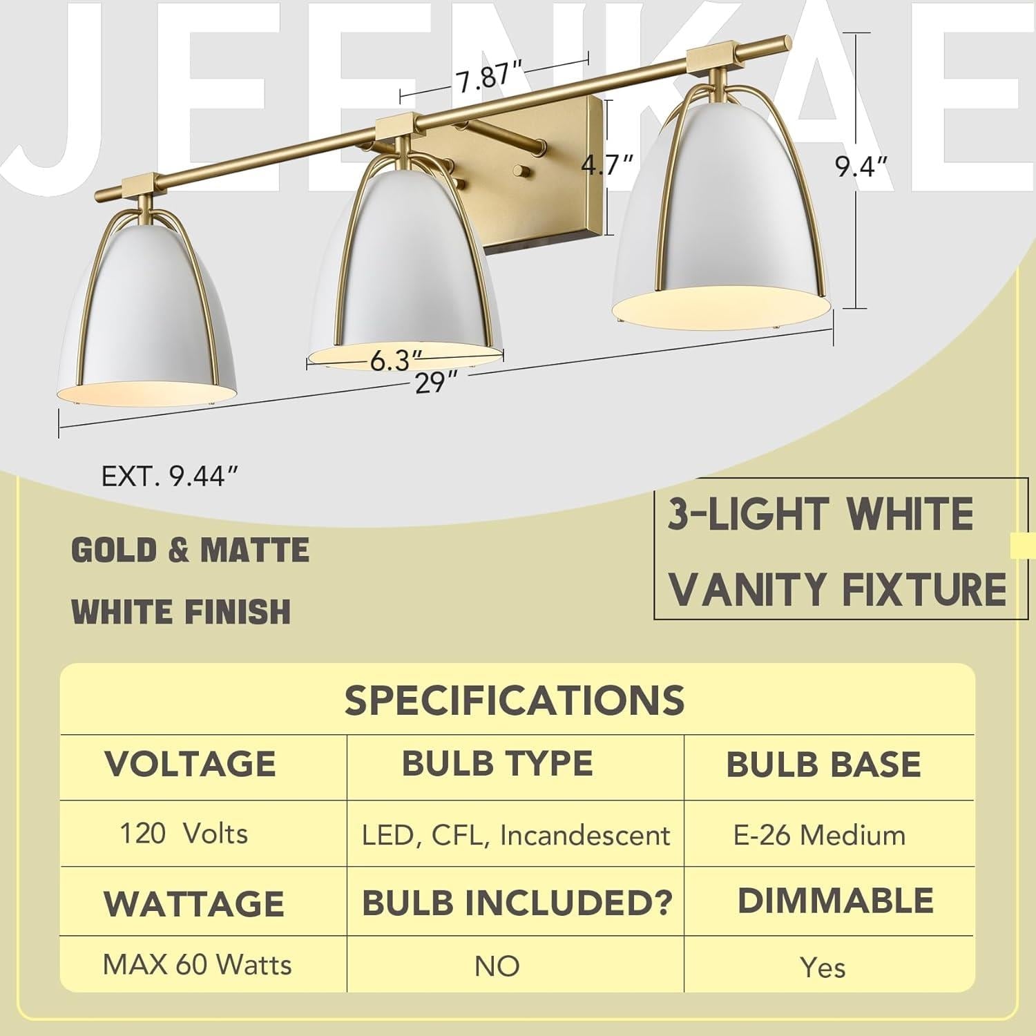 Brushed Brass 29" Vanity Light with White Metal Dome Shades