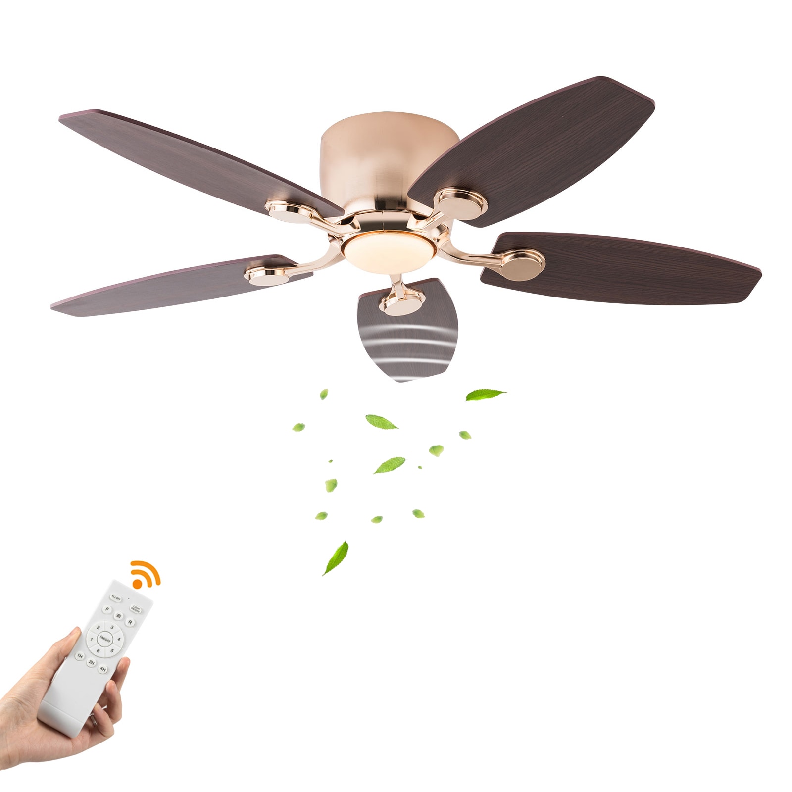 Oukaning JZUCOD-00430099 42-in Color-Changing Flush Mount Gold with Wood Blades Fandelier Ceiling Fan With Light - Remote Included ( 5 -Blade )