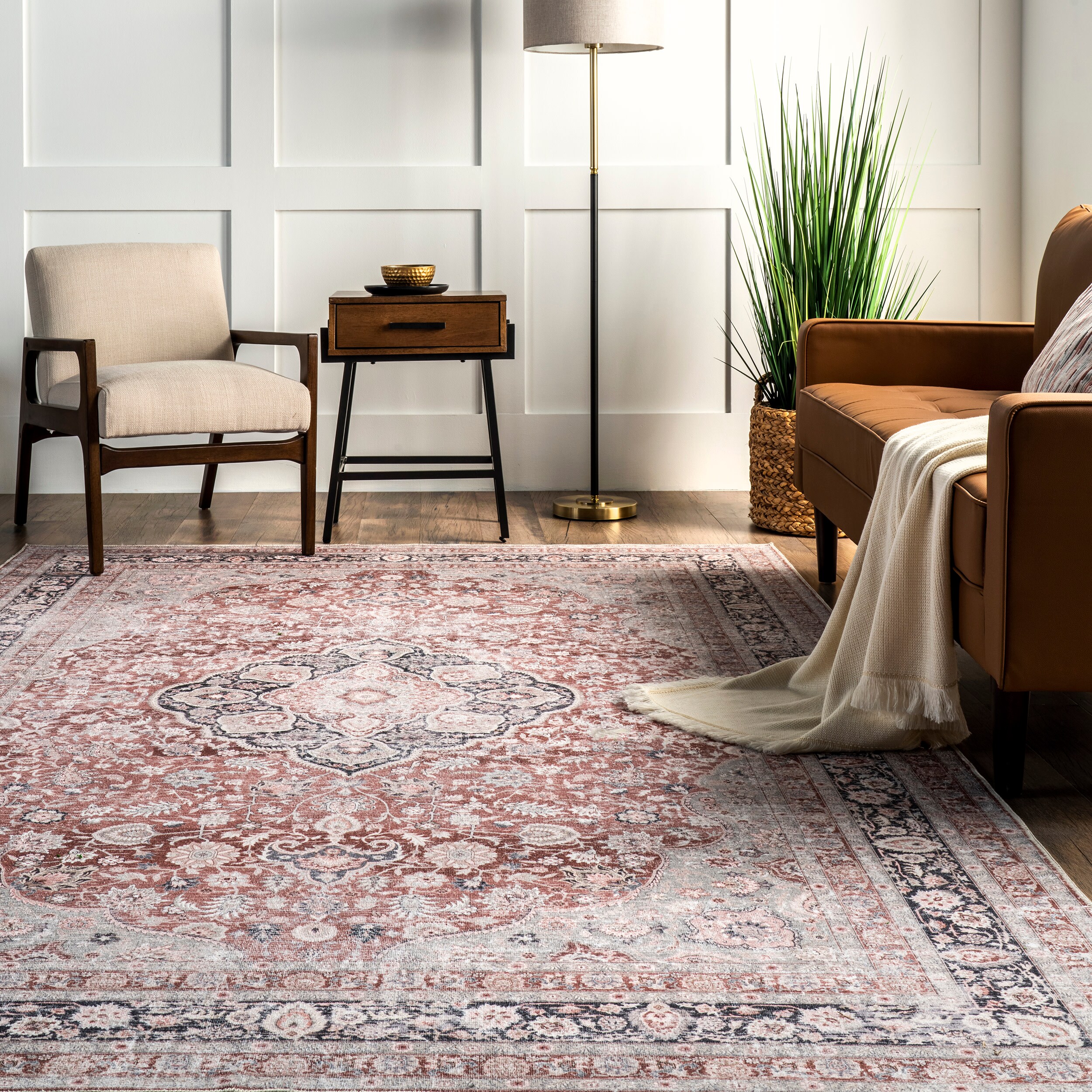 Red and Beige Synthetic 4' x 6' Washable Rectangular Area Rug