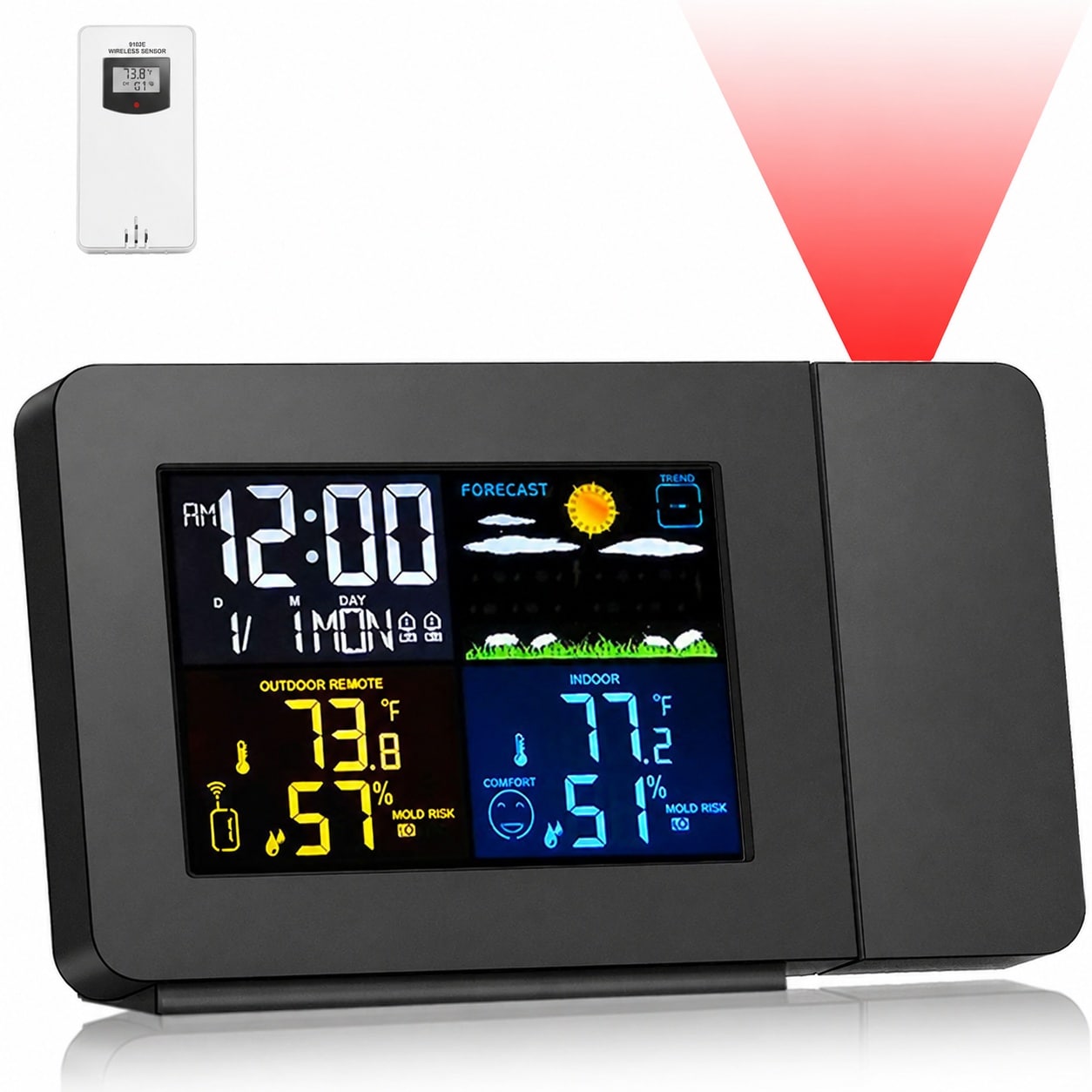 Phewnyzo  Projection Alarm Clock with Wireless Indoor Outdoor Thermometer and Humidity Monitor Weather Station for Bedroom Use