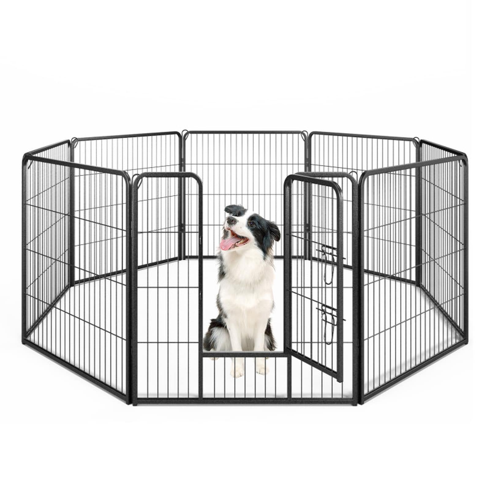 SUGIFT 8-Panel 32-in Pet Fence Playpen Indoor Outdoor with Door Metal Frame Anti-Slip Pads Ground Stakes for Dogs Cats Rabbits - Black