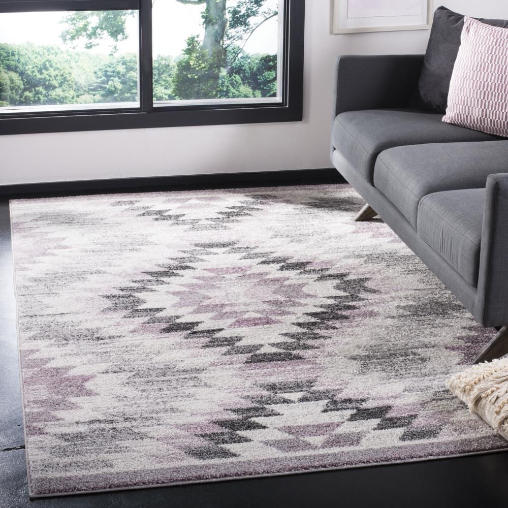 Plum and Ivory Geometric Square Synthetic Area Rug, 7'x7'