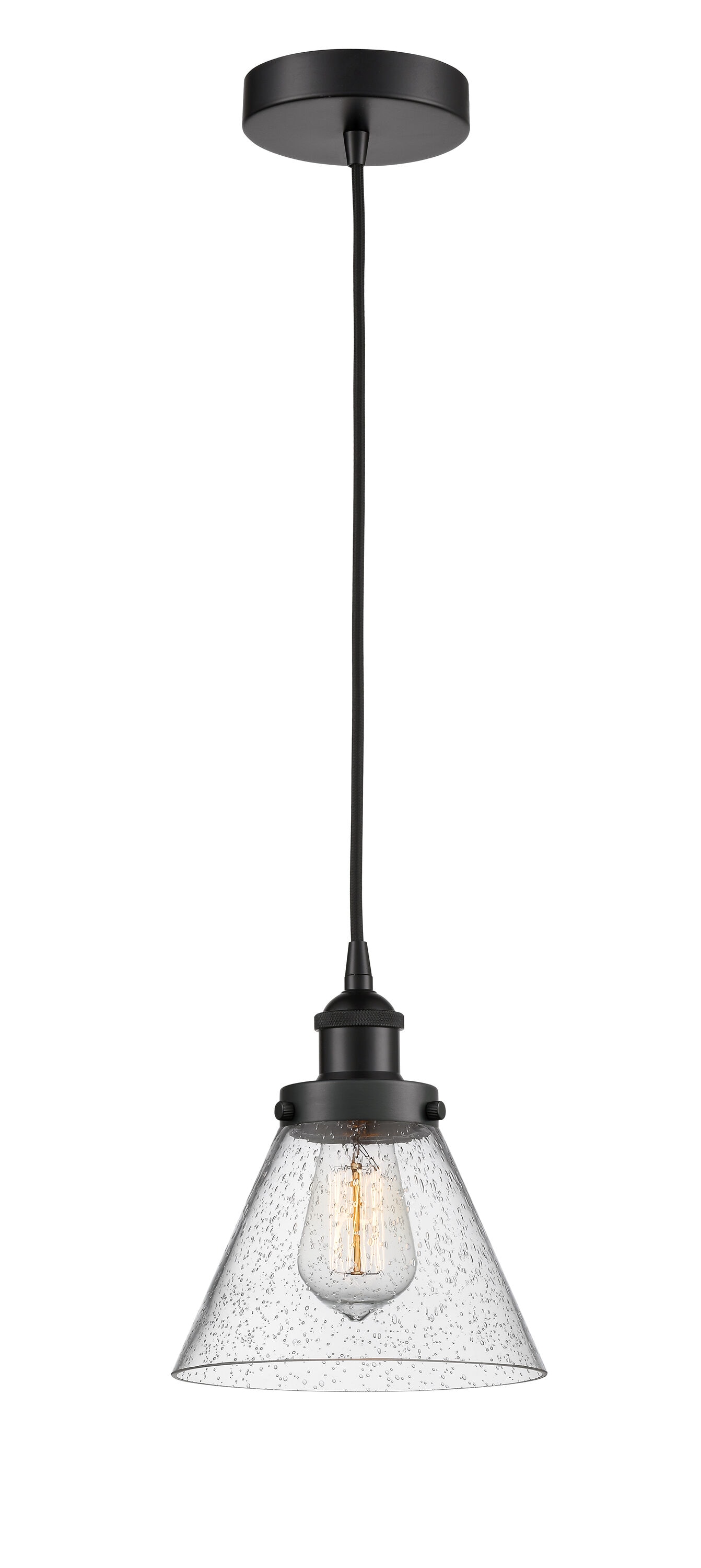 Cone Matte Black, Seedy Industrial Seeded Glass Cone Mini Hanging Pendant Light | - Innovations Lighting 616-1PH-BK-G44