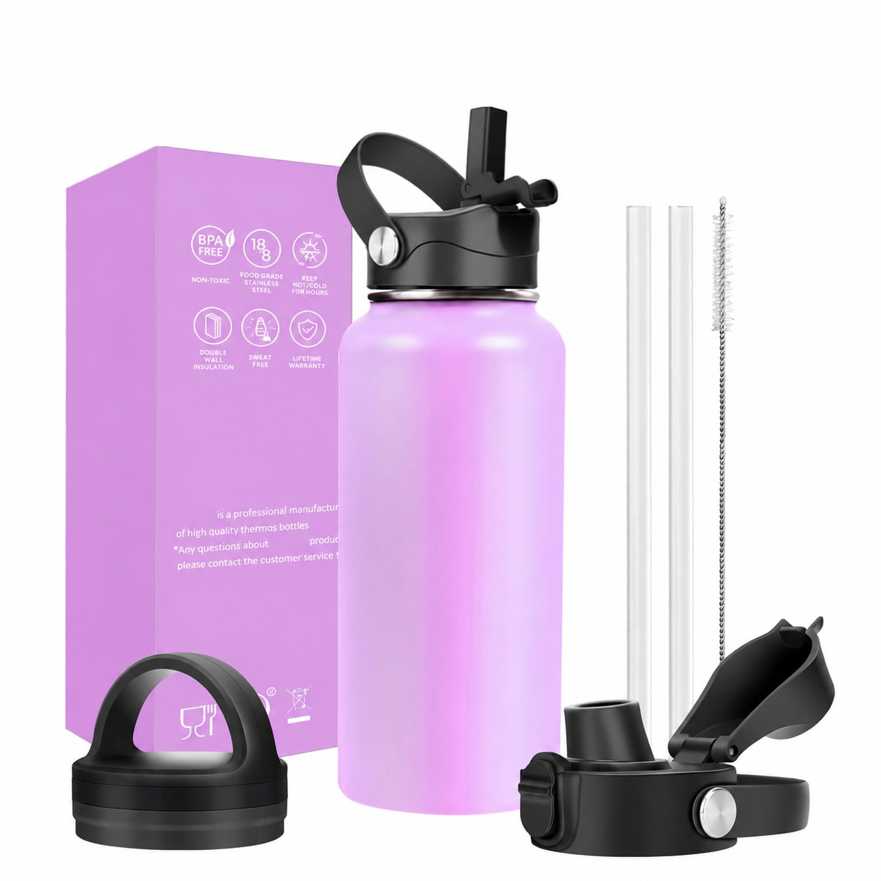 Justincity -  Insulated Stainless Steel Water Bottle Wide Mouth Leak Proof Straw Lid Spout Lid 3 ...