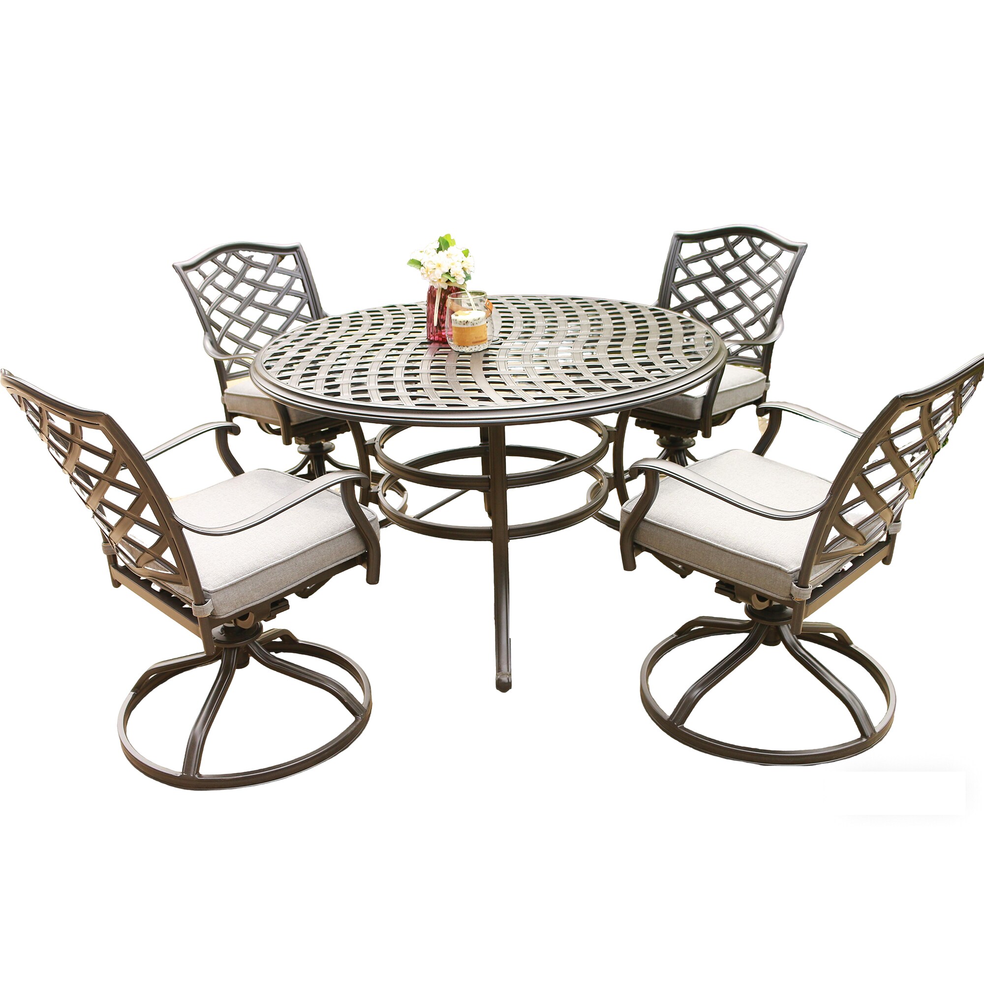 Mondawe 21OD140122OR-B Sunbrella 5 -Piece Black Patio Dining Set Aluminum Round Table with 4 Light gray Cushions Swivel Chairs